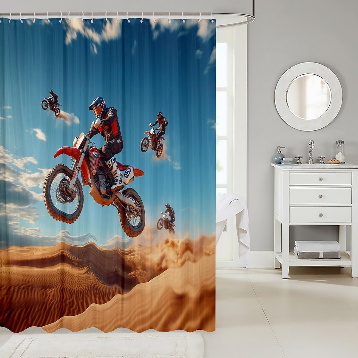 Feelyou Dirt Bike Shower Curtain 72"x84" Racing Themed Bath Curtain Waterproof Racing Motocross Rider Bathroom Shower Curtain Set For Kids Boys Girls Extreme Sports Kids Bathroom Accessories Motorbike