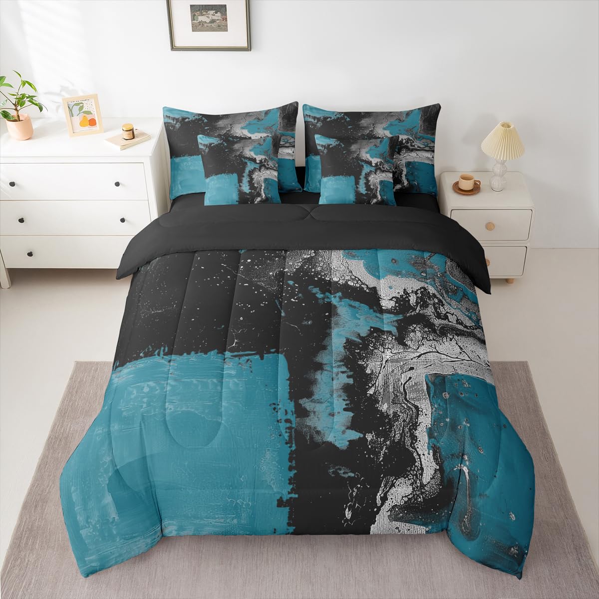 Feelyou Abstract King Comforter Set with Sheets for Kids Boys Girls Modern Abstract Art 7 Pieces Bedding Set Luxury Bed in a Bag Geometric Room Decor Dark Blue Balck Soft Lightweight Microfiber
