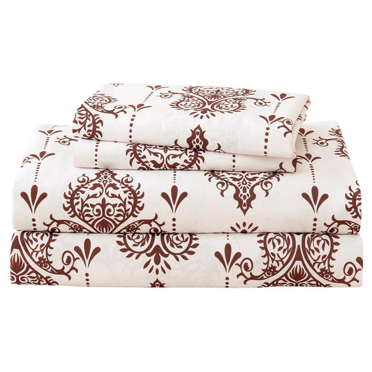 ChicView King Size Paisley Printed Sheet Set,4 Pieces Boho Style Breathable Soft Microfiber Bedsheets, Anti Pilling Deep Pockets Easy Care Bed Sheets, Brown