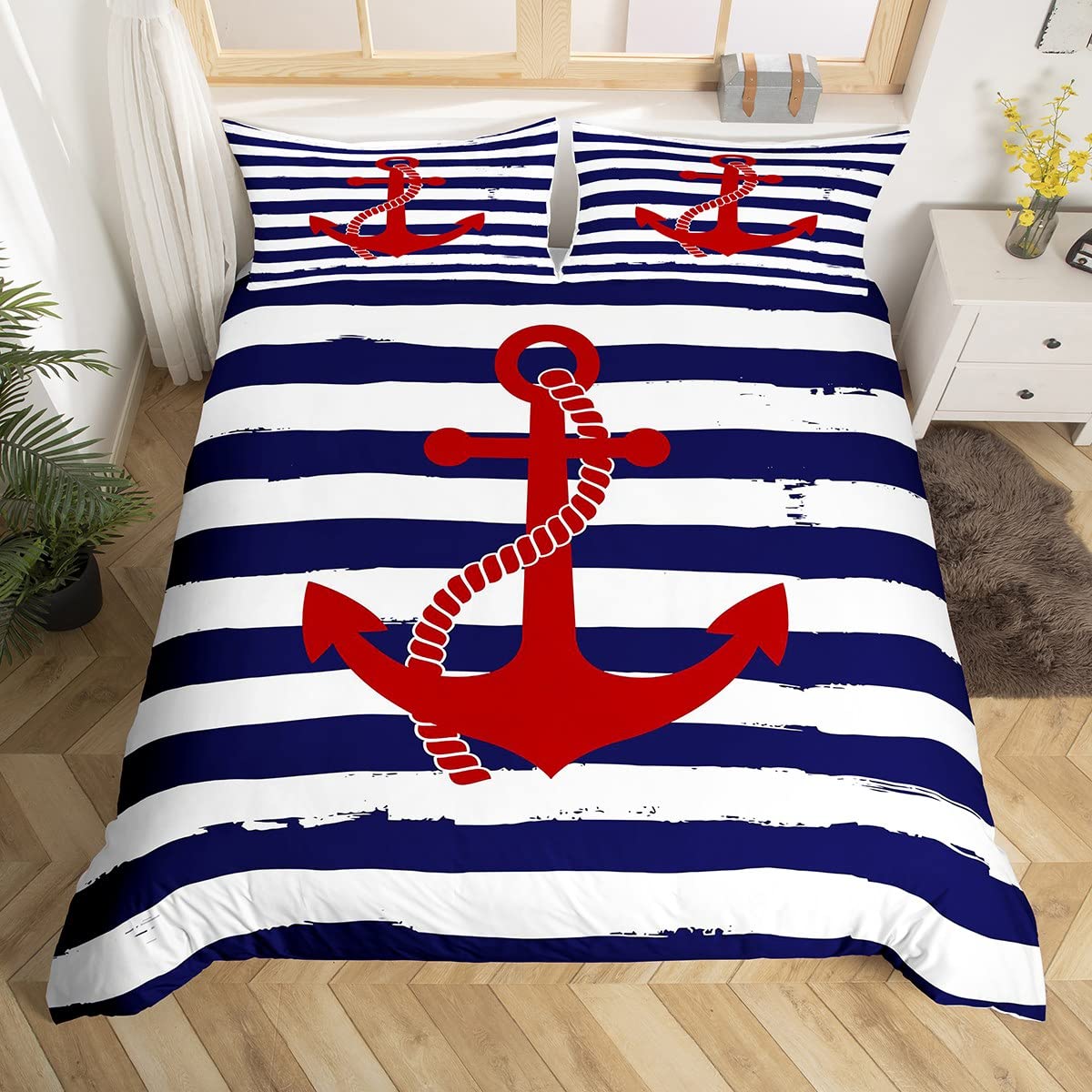 Nautical Anchor Duvet Cover Set King,Geometric Stripes Comforter Cover Ocean Adventure Theme Quilt Cover Navy Blue and Red Bedding Set 3pcs for Kids Girls Teens Boys Room Decor with 2 Pillowcases
