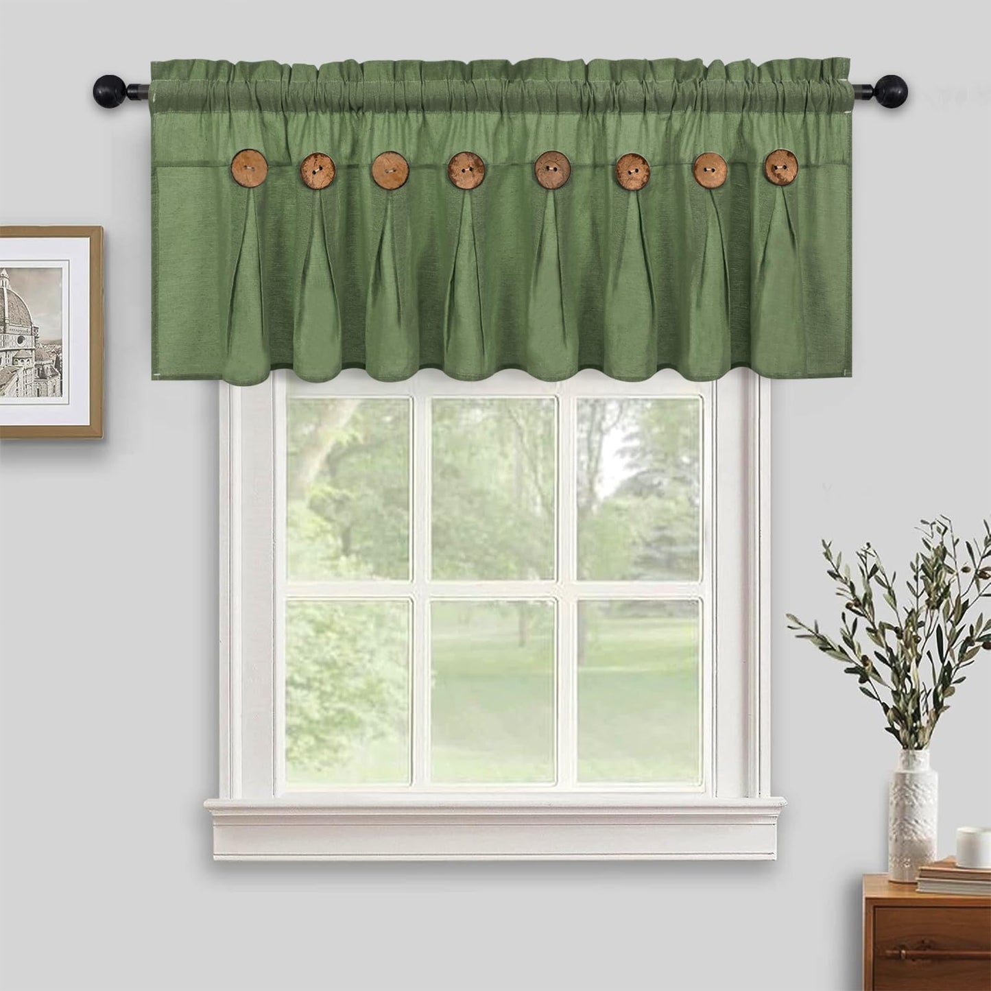 FRAMICS Farmhouse Valance Curtains, Boho Cotton Linen Kitchen Valance, Olive Green Rustic Button Window Valances for Kitchen Bathroom, Rod Pocket Valances for Windows, Olive Green, 52 x 18 Inch