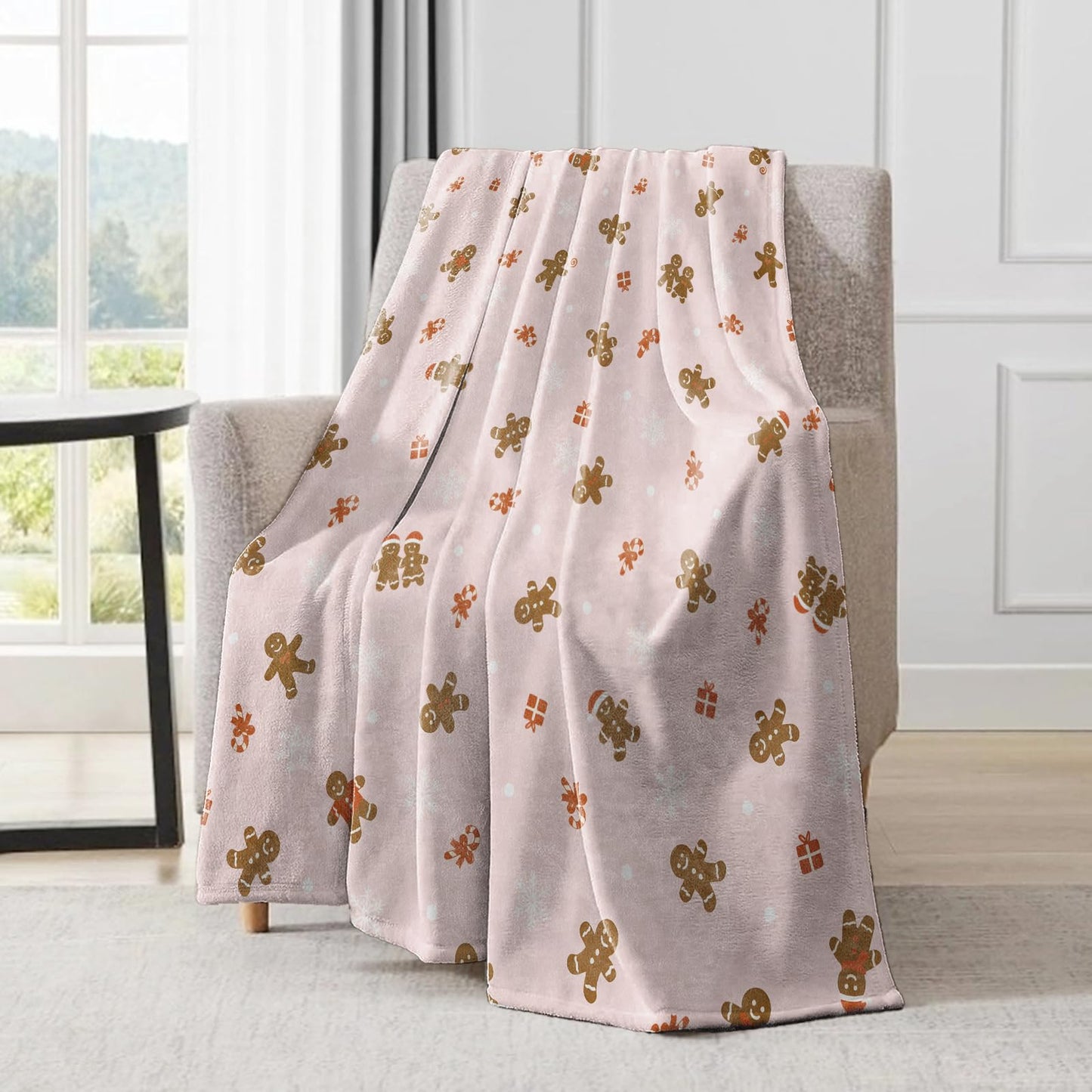 ainori Gingerbread Man Christmas Decorative Throw Blanket,Candy Snowflake Print Decoration,Flannel Winter Pink Blankets for Couch Sofa,Holiday Decor,Xmas Festival Gifts for Girls Kids 50x60 Inch