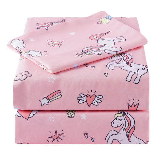 Bunnikins & Clover Unicorn Kids Sheet Set Twin Size, 3 Piece Soft Microfiber Bed Sheets, Deep Pocket Pink Toddler Bedding Set for Boys Girls