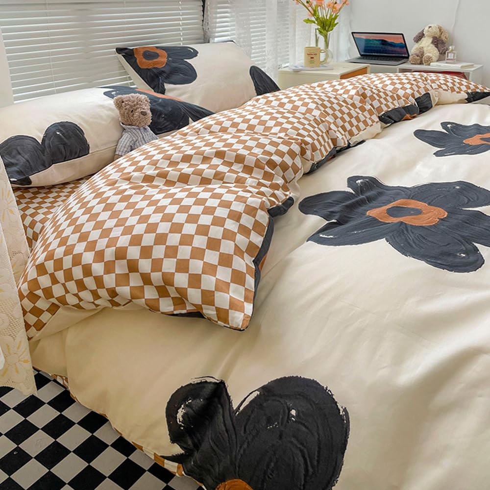 CLOTHKNOW Black Beige Floral Twin/Twin XL Comforter Set Sunflower Bedding Comforter Sets Brown Plaid Comforter Boho Comforter with 2 x Pillow Cases