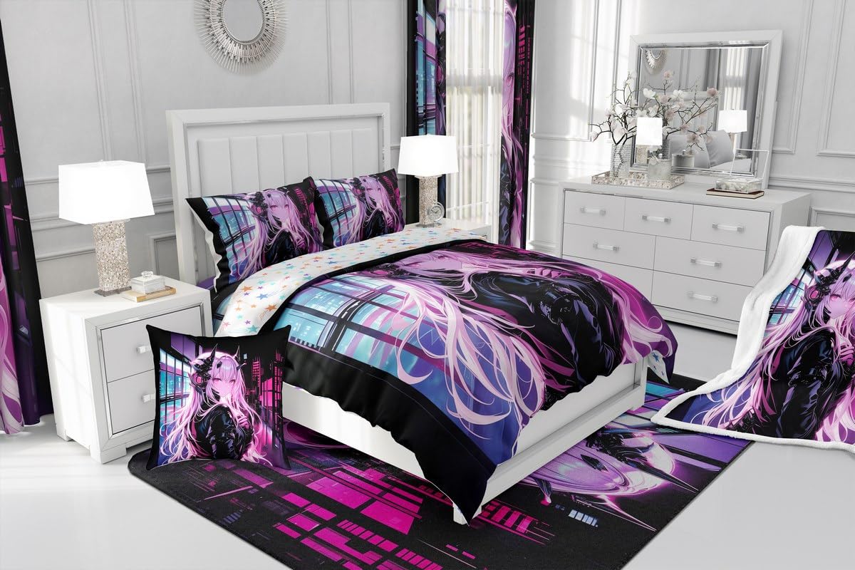 Erosebridal Japanese Anime Bedding Set Full Size, Anime Girl Comforter Cover Kawaii Japanese Style Comforter Cover Cartoon Japan Animation Bed Set for Boys Teens Adult Women Bedroom Decor