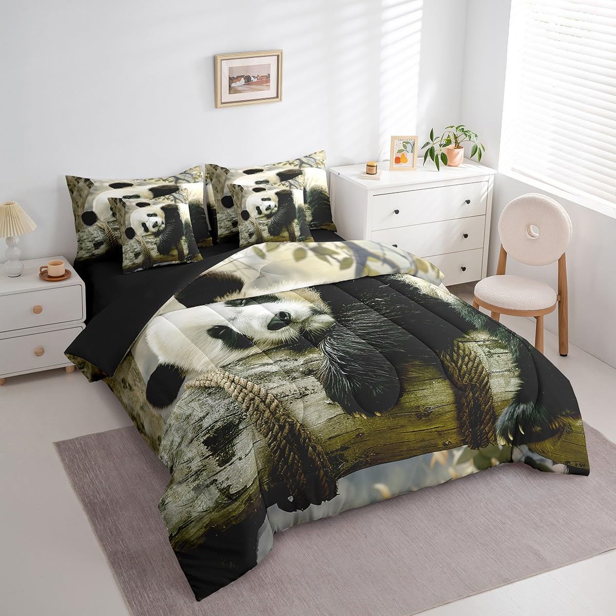 Feelyou Panda Comforter Set Queen Size 7 Pieces for Kids Cartoon Panda Bed in a Bag Boys Girls Animal Bed Set Includes Comforter, Sheet Set, Pillowcases & Pillow Covers - Super Soft Breathable