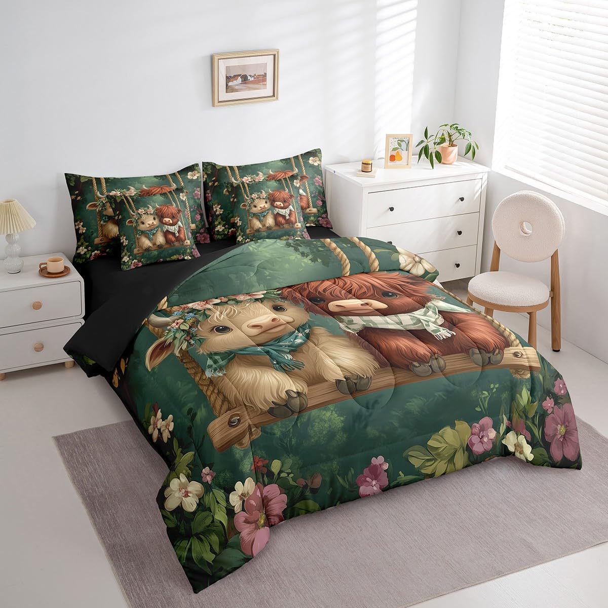 Erosebridal Highland Cow Comforter Set King Size,Western Cow Bedding Set for Kids Teens,Farmhouse Animal Bed in a Bag （Comforter, Sheets, Pillowcases & Cushion Covers）