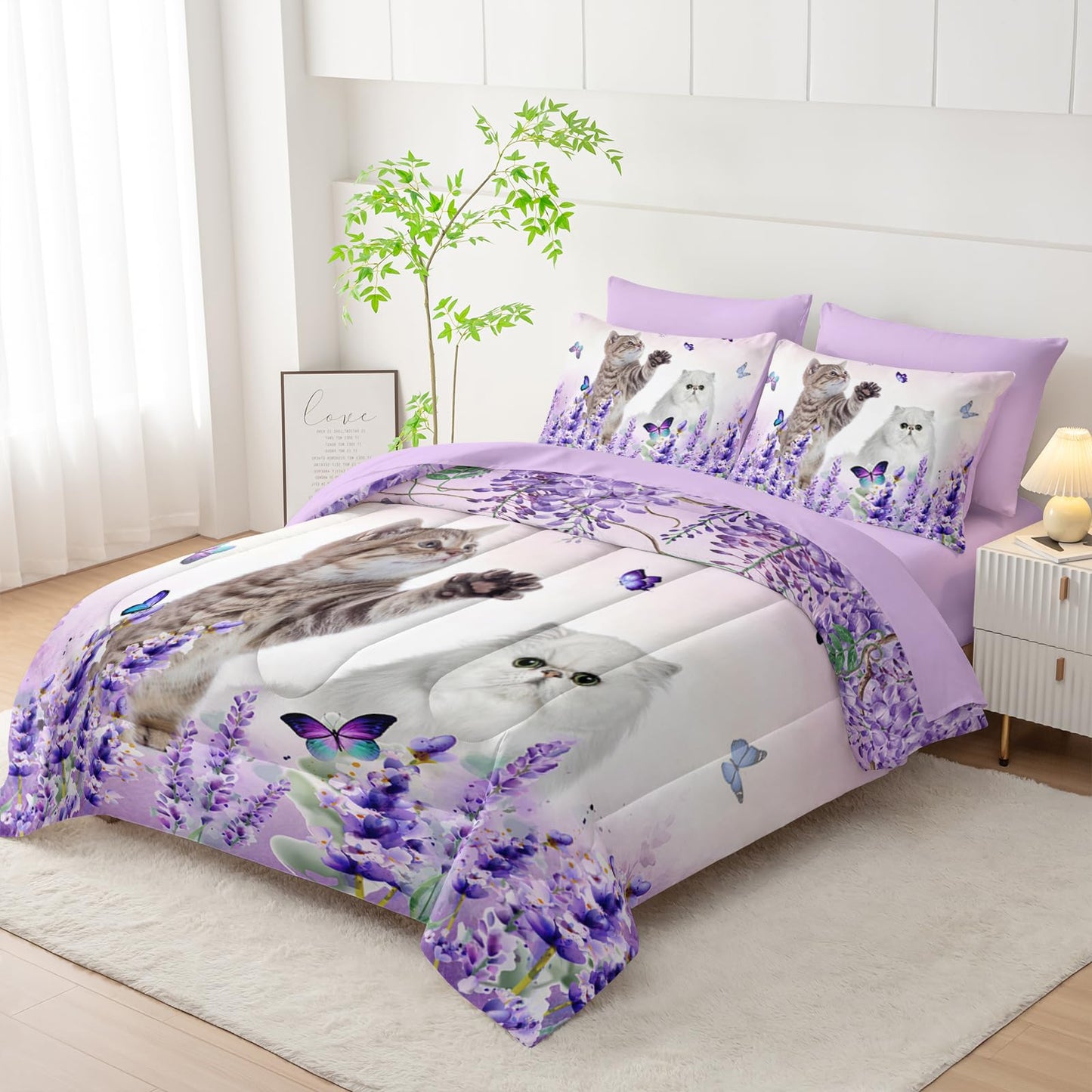 AILONEN Cat Comforter Set Twin Size, Kawaii Kitten Animal with Butterfly Bedding Set for Kids Girls,Purple Flowers Bed in a Bag,Comforter & Fitted Sheet & Flat Sheet,2 Pillowcases,2 Pillow Shams