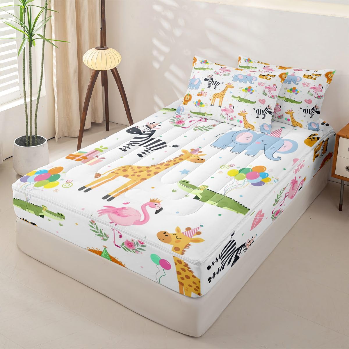 Erosebridal Party Animals Zip Up Comforter Set Nursery Funny Cartoon Wild Animals Twin Zipper Bedding Kids Flamingo Giraffe Elephant Zebra Crocodile Bed Set with Sheets Love Heart Floral Bed in a Bag
