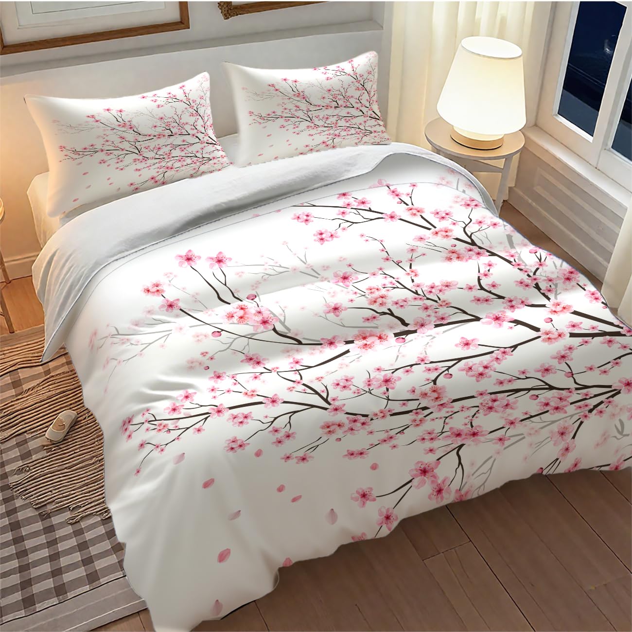 Lnepty Pink Cherry Blossom Bedding Set,Retro Japanese Flower Tree Branches Blooming Spring Floral Traditional Asian Ink Painting Theme Comforter Set with Pillowcase for Bedroom Bed Decor,Twin 86"x70"