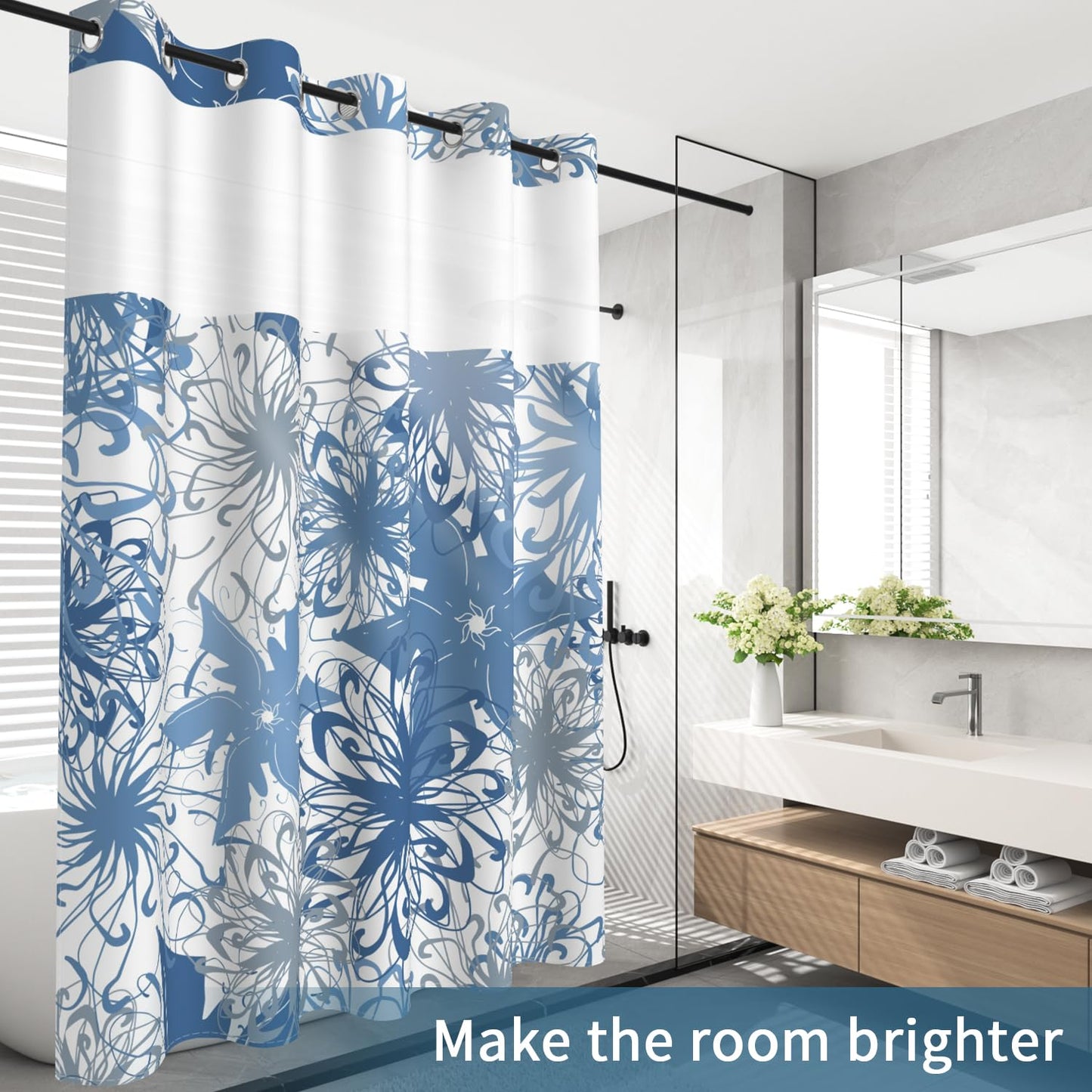 No Hook Shower Curtain with Snap in Liner Set, Boho Modern Blue Abstract Floral Pattern Decorative Waterproof Fabric Shower Curtain for College Dorm Hotel Apartment Bathroom Bathtub, 71x74 Inch
