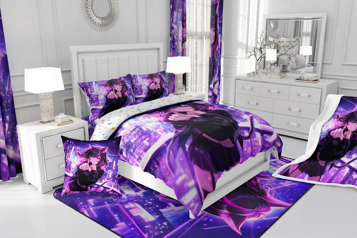 Erosebridal Kids Anime Girl Full Size Duvet Cover, Japanese Anime Bedding Set, Cartoon Girl Comforter Cover for Boys Teens Bedroom Decor, Kawaii Japanese Animation Bed Set with 2 Pillow Cases