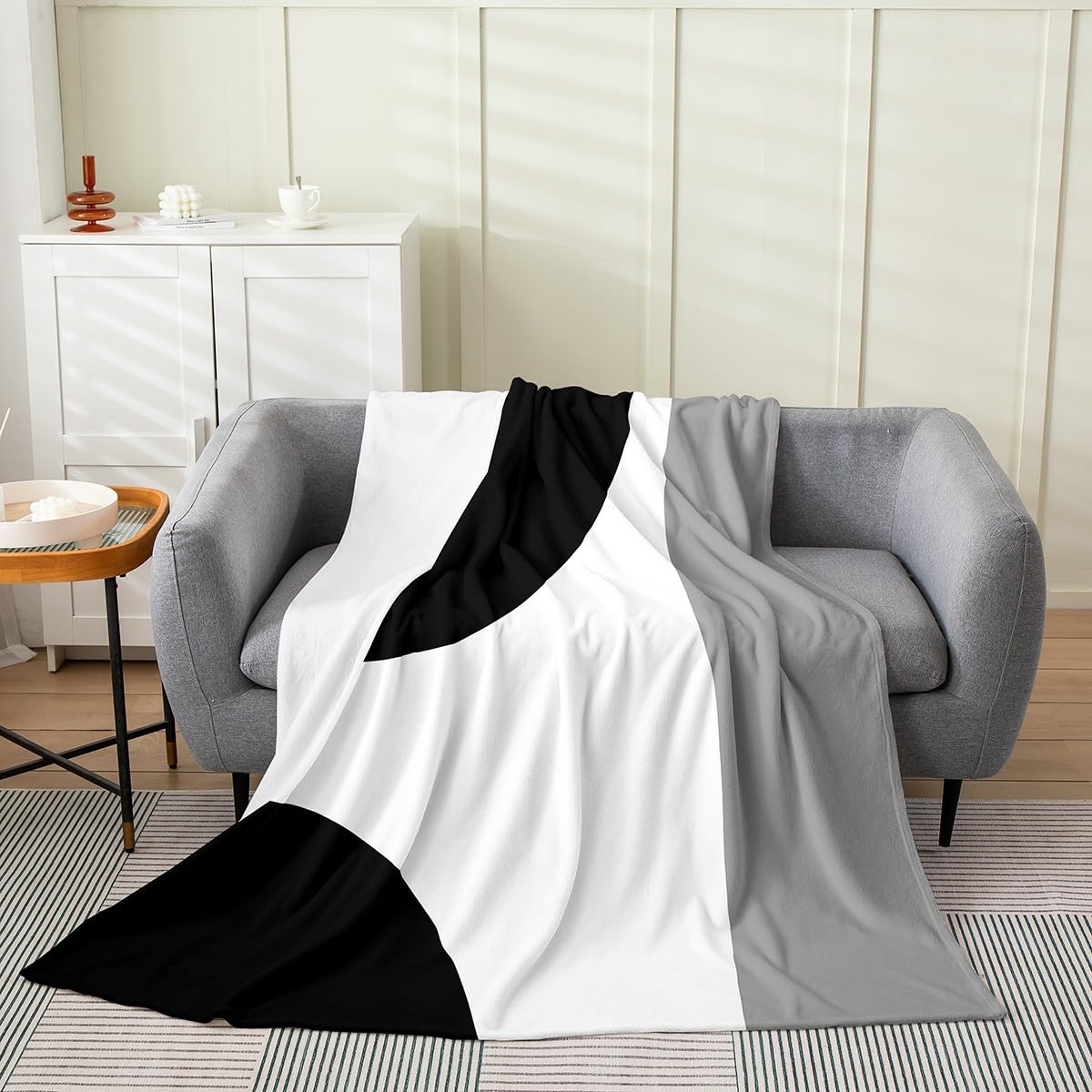 jejeloiu Kids Black White Fleece Throw Blanket Throw 50"x60", Flannel Blanket Plush Fuzzy Geometric for Bed Couch Chair Living Room Boys Girls Modern Art