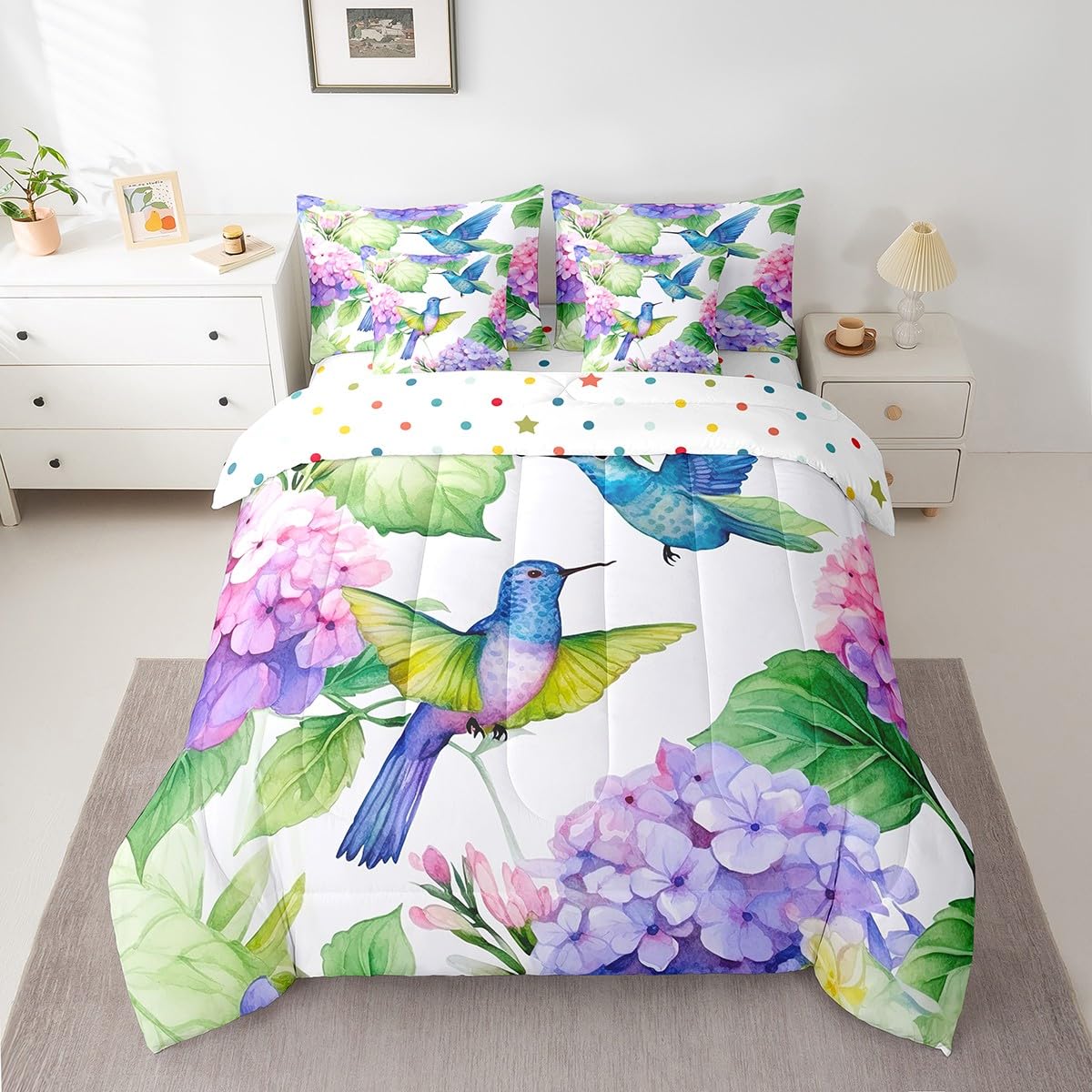 7 Piece Hummingbird Twin Bed in a Bag for Girls Women Blue Hydrangea Print Sheet Set Twin, Cute Animal Birds Purple Flowers Bedding Set with Comforter Rustic Farmhouse Theme Cushion Covers