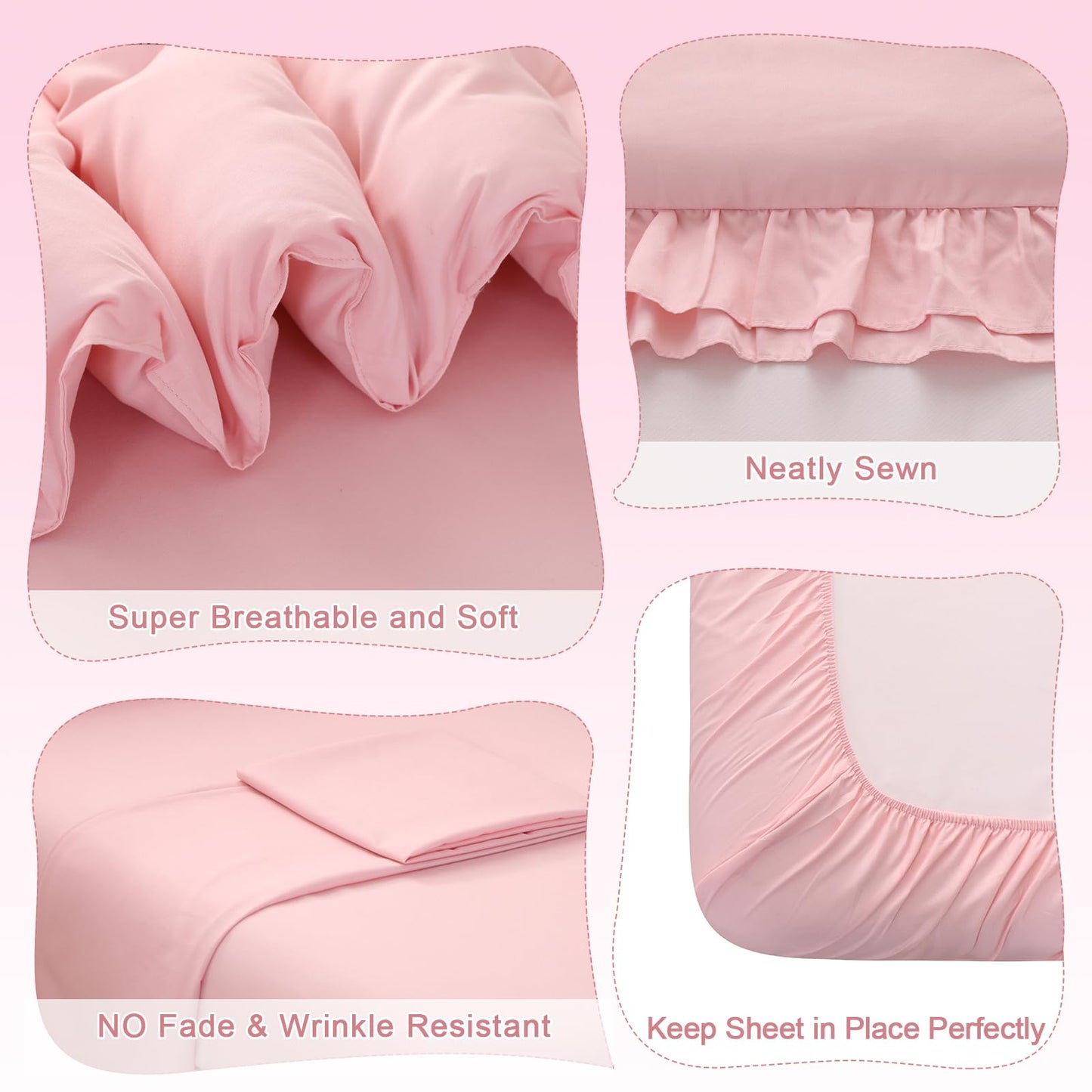 Wowelife Toddler Bedding Set for Girls, 4 Piece Double Ruffles Soft and Breathable Crib Bedding Set for Girls, Includes Quilted Toddler Comforter, Fitted Sheet, Flat Sheet and Pillowcase, Pink