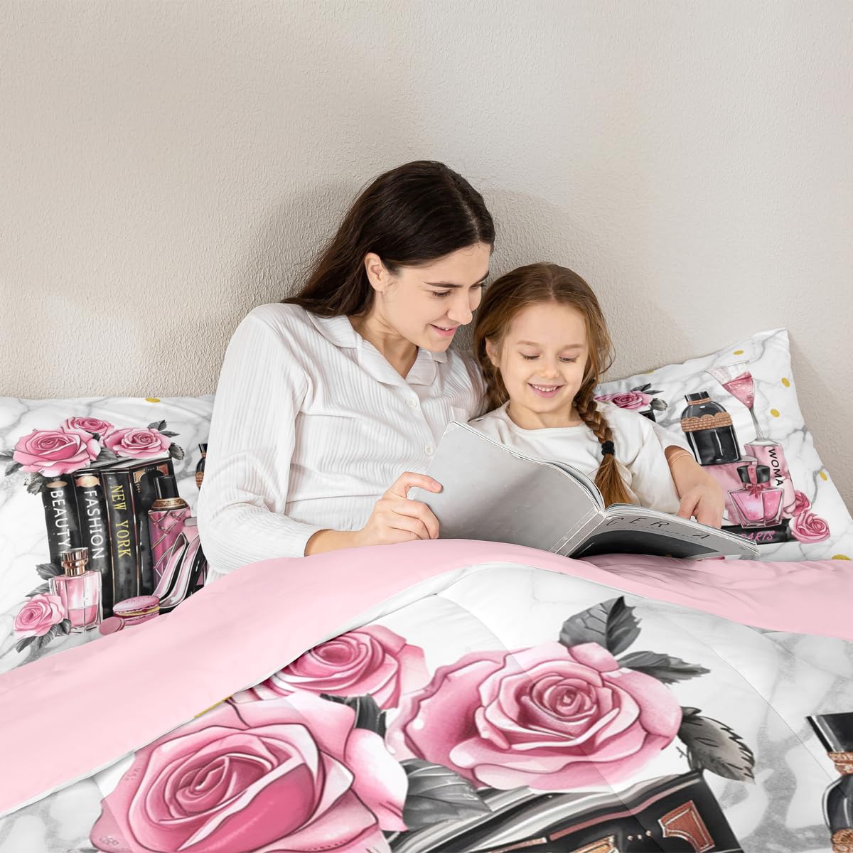 Erosebridal Fashion Black Pink Comforter King Size Flower Perfume Girls Women Modern Bedding Set High Heels Books Champagne Quilt Romantic Makeup Paris Bed Sets