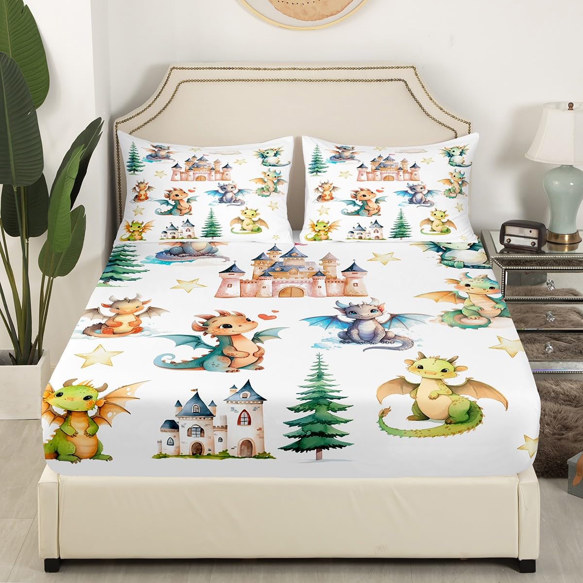 Kawaii Dragon Kids Fitted Sheet Twin Size,Western Dragon Castle Princess Bedding Set,Boys Girls Room Decor,Cartoon Animal Wildlife Bed Cover,White Bed Sheet,1 Pillowcase