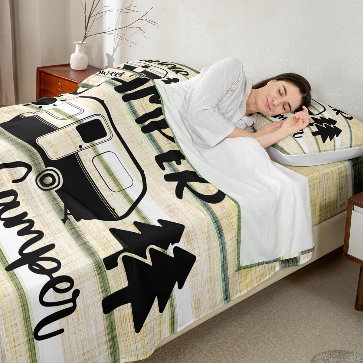 Feelyou Camper Sheet Set for Kids Boys Girls Sheets with Deep Pocket Fitted Sheet Happy Camping Bed Sheets Set Bedroom Decor RV Camping Camper Accessories for Travel Trailers Bedding Set Full 4Pcs