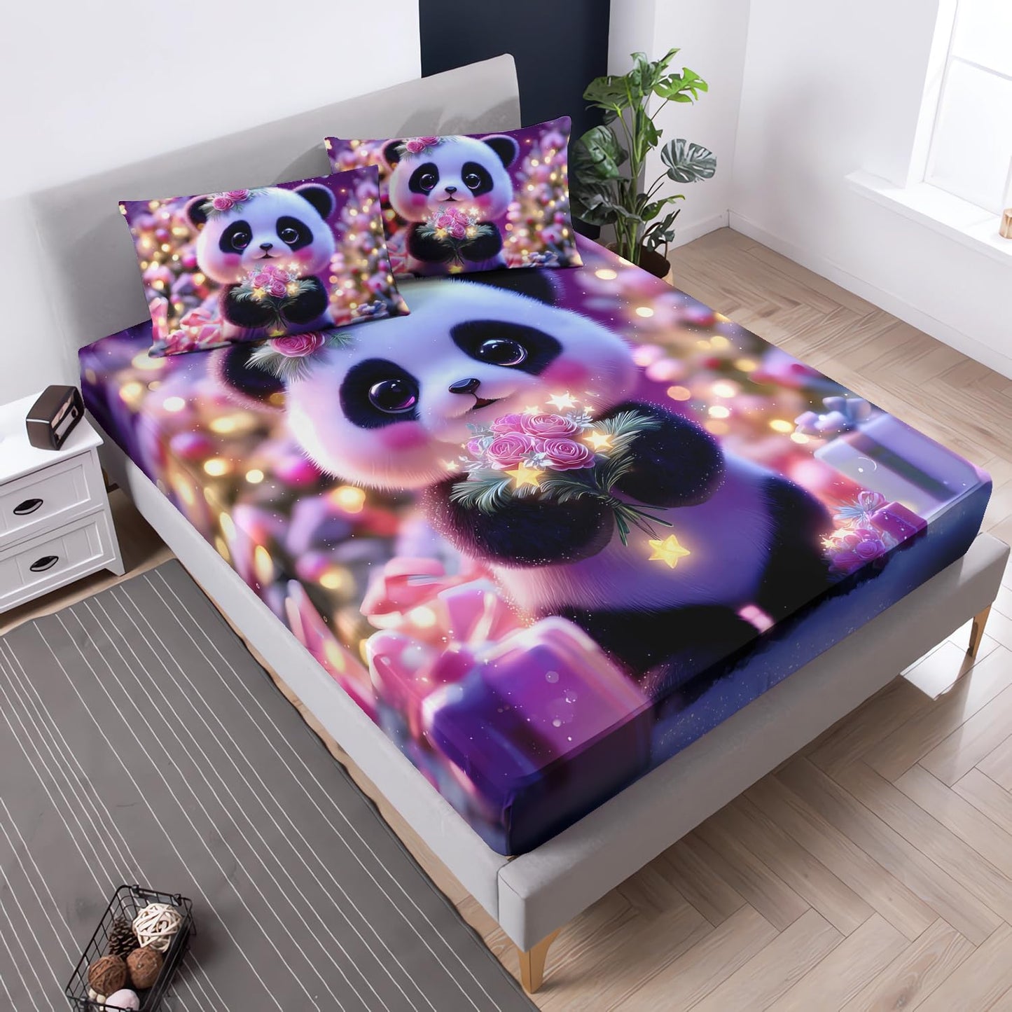 UEVBF Cute Panda Fitted Sheet Set Twin Size,Flowers Stars Toddler Bedding for Kids Girls Boys Room Decor,Kawaii Cartoon Animal Themed Bedding Sets,1 Fitted Sheet+2 Pillowcases.