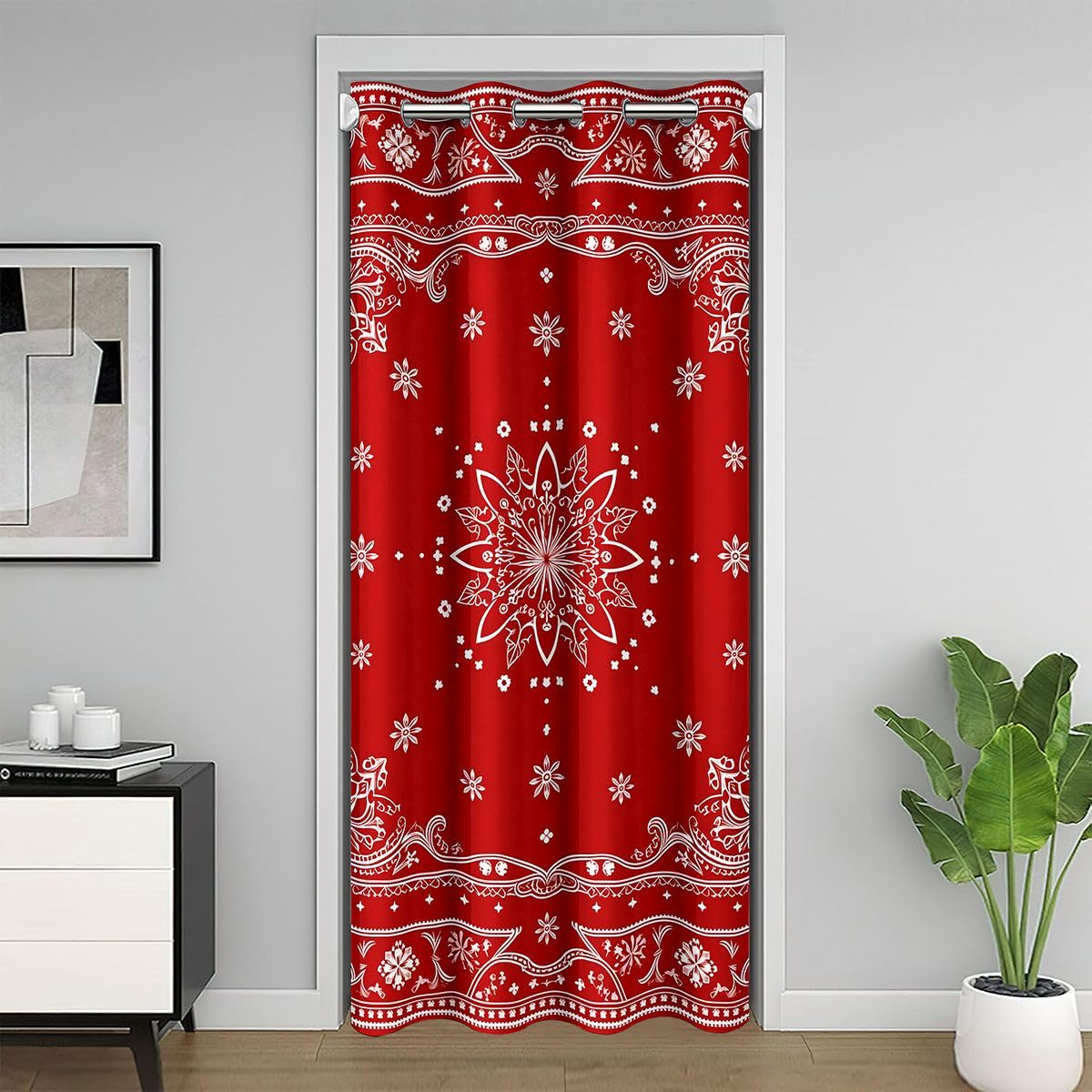 Feelyou Flower Door Curtain for Doorway Privacy Paisley Closet Cover Boho Paisley Red Print Room Divider Curtain 42" x 84" Bohemian Exotic Style Bedroom Living Room Indian Style Window Treatments