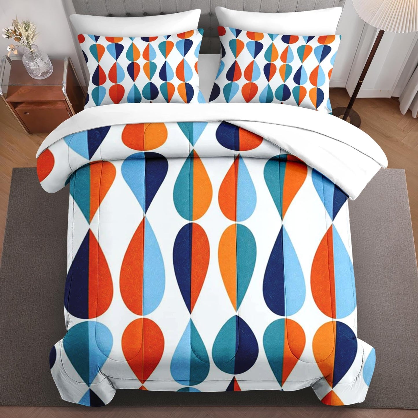 Boewywh Comforter Set Twin Size Geometric Retro Abstract 7 Pcs, Bedding for Kids and Adults, Modern Blue Bed Sheet Sets with Fitted Sheet 2 Pillowcases & 2 Shams for Bedroom Bed Decor