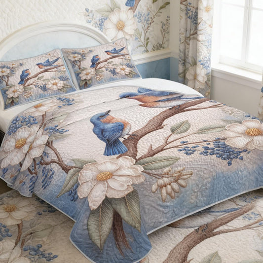 ARIGHTEX Flower Bird Quilt Set Queen Size Bluebird Floral Cottage Bedding Set Lightweight Botanical Quilt Coverlet Soft Microfiber Bedspread Farmhouse Style Bedding with Shams