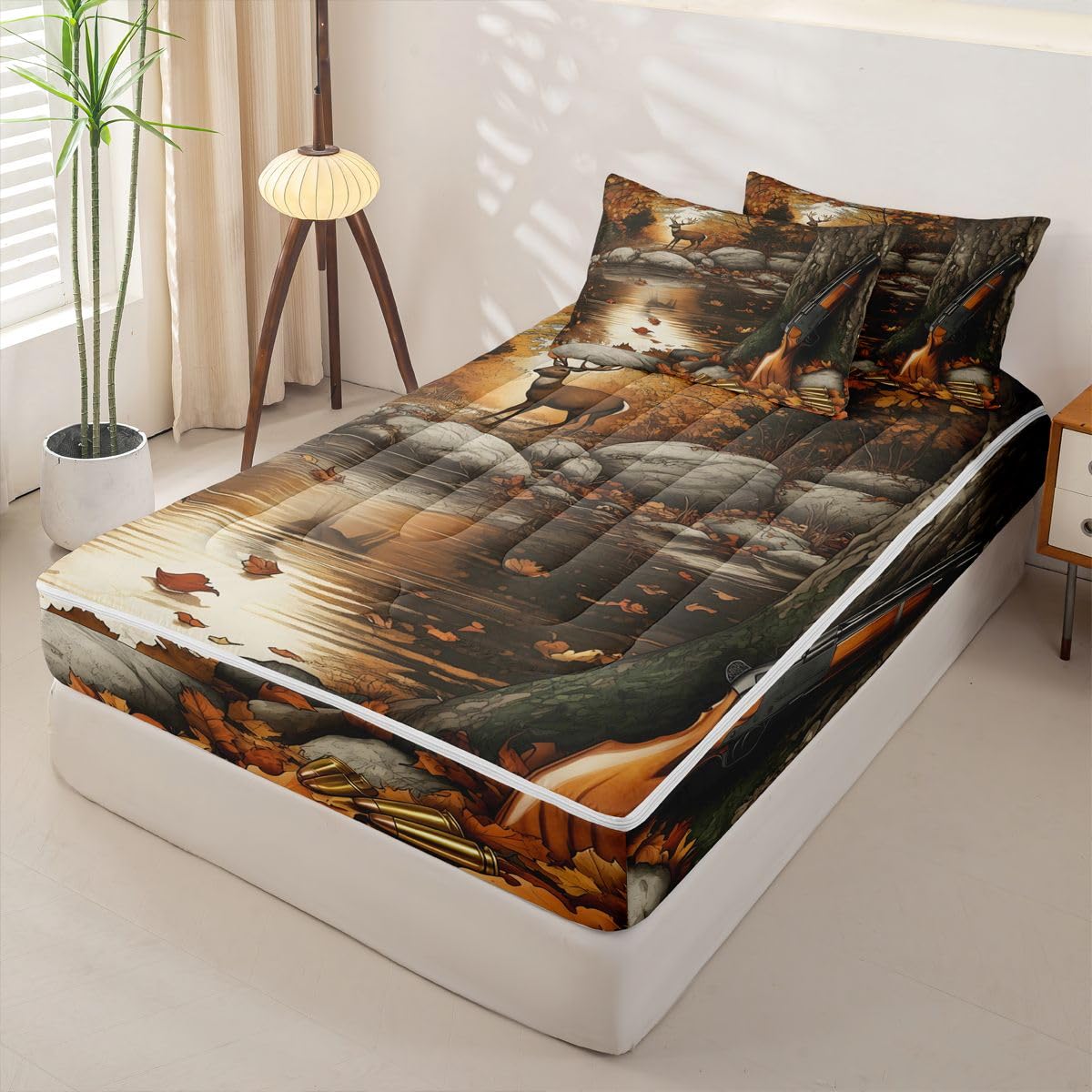 jejeloiu Deer Zipper Bedding Twin Hunting Wildlife Zipper Bedding Sets for Kids Boys Girls Autumn Pond Comforter Set with Fitted Sheet and 2 Pillowcases Rustic Bedroom Decor