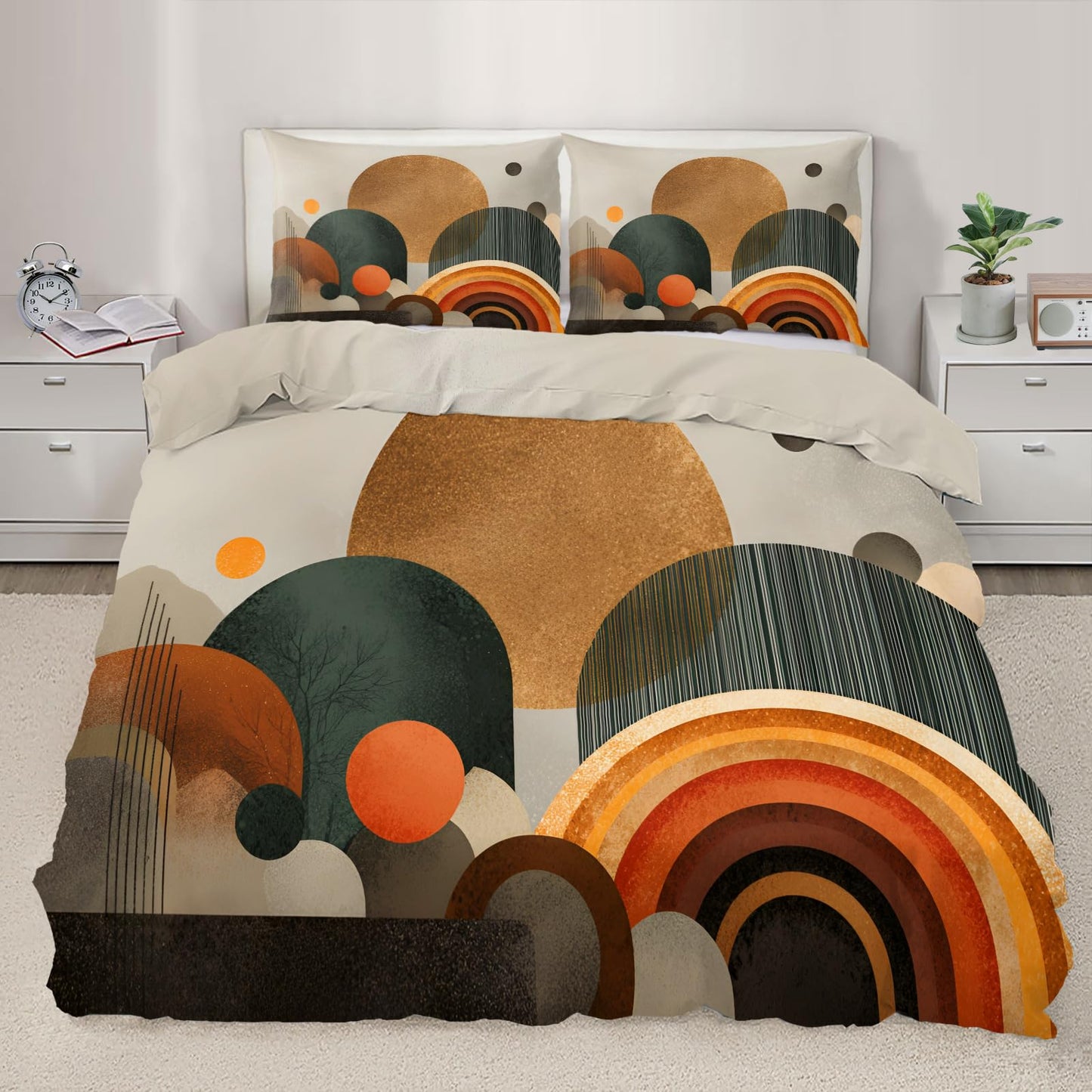 ZAOMIR Mid Century Modern Duvet Cover Twin Size, Sun Boho Abstract Bedding Set 3 Piece, Minimalist Geometric Patterned Comforter Cover with Zipper Soft Microfiber, 2 Pillowcases