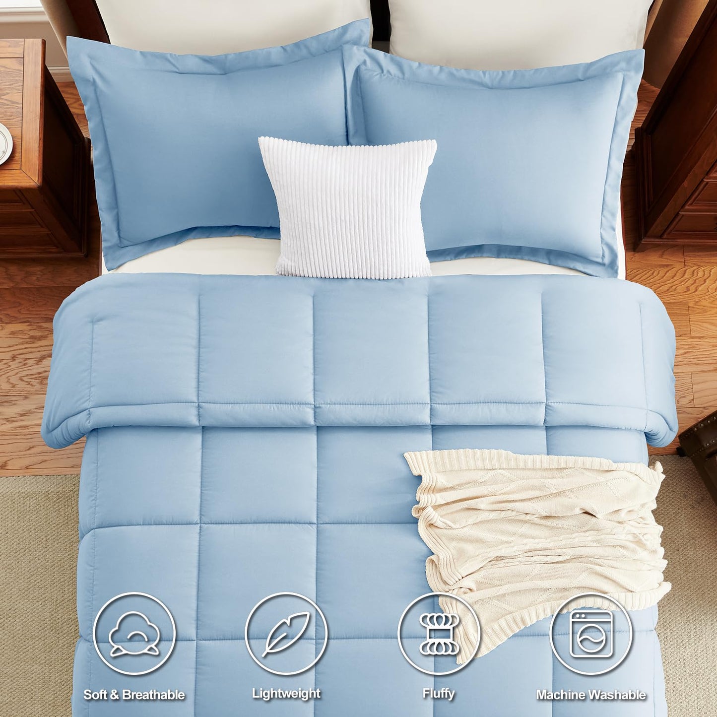 CozyLux Queen Comforter Set - 270GSM Baby Blue Bedding Sets for All Seasons, 3 Pieces Box Stitched Bed Set with 1 Down Alternative Comforter and 2 Pillow Shams, Soft, Lightweight, Breathable