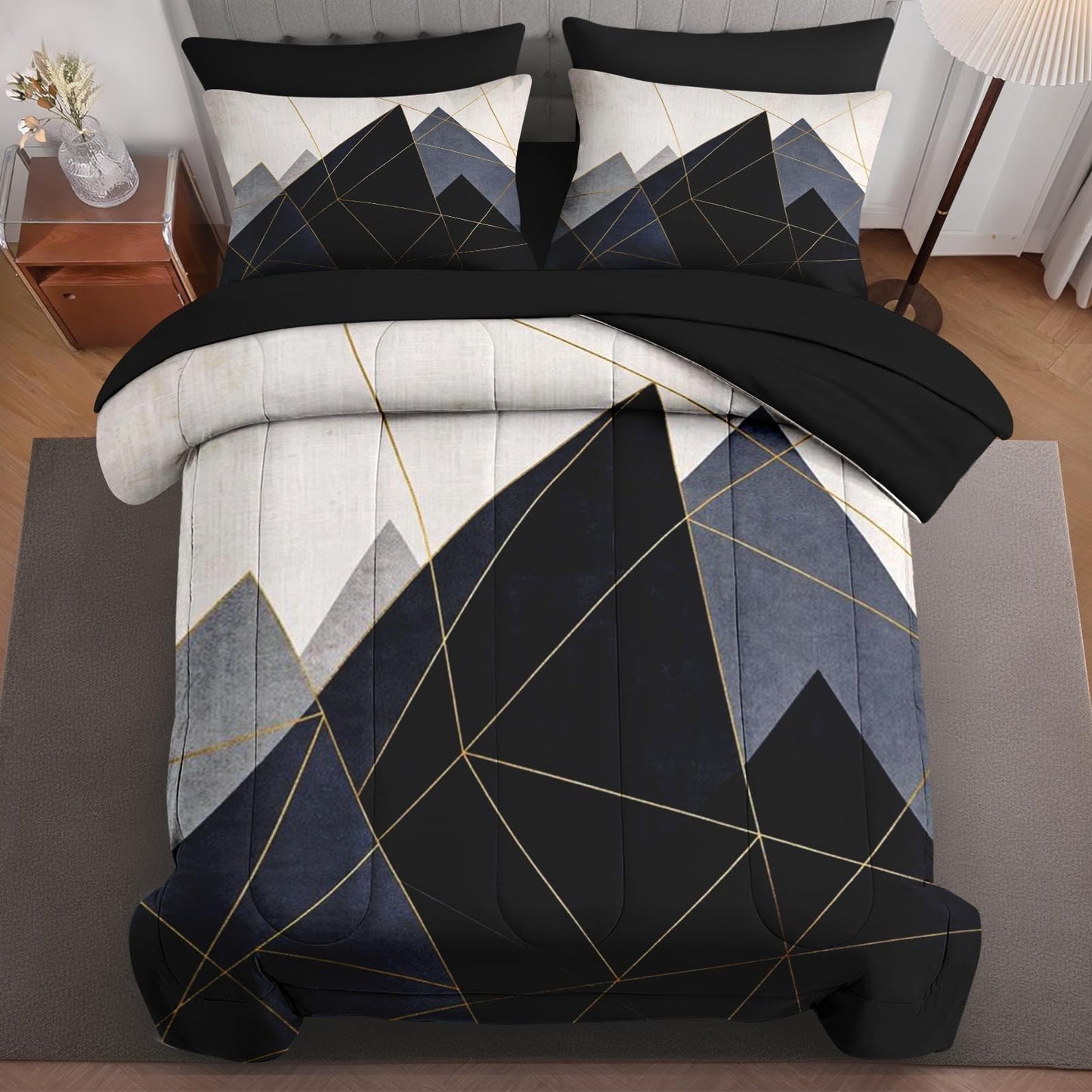 Boewywh Comforter Set Twin Size Mountain Geometric Abstract 7 Pcs, Bedding for Kids and Adults, Modern Gold Bed Sheet Sets with Fitted Sheet 2 Pillowcases & 2 Shams for Bedroom Bed Decor