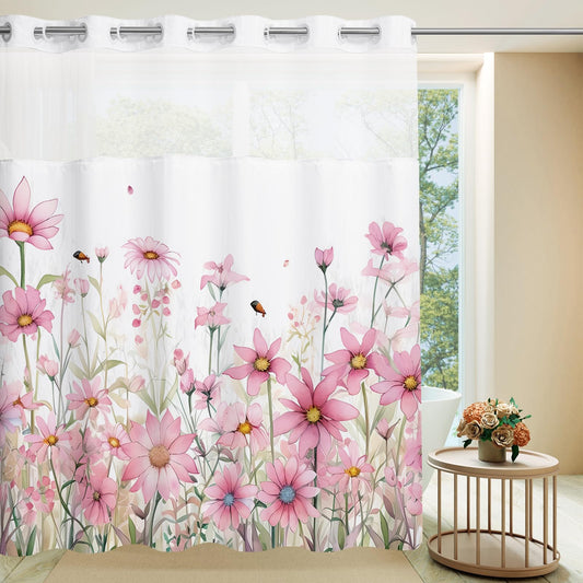 MEHOFOND Pink Flower No Hook Shower Curtain with Snap in Liner, Spring Watercolor Floral Plant Shower Curtain,See Through Mesh Top Window,Waterproof Fabric Flowers Hotel Shower Curtain Set 71" x 74"