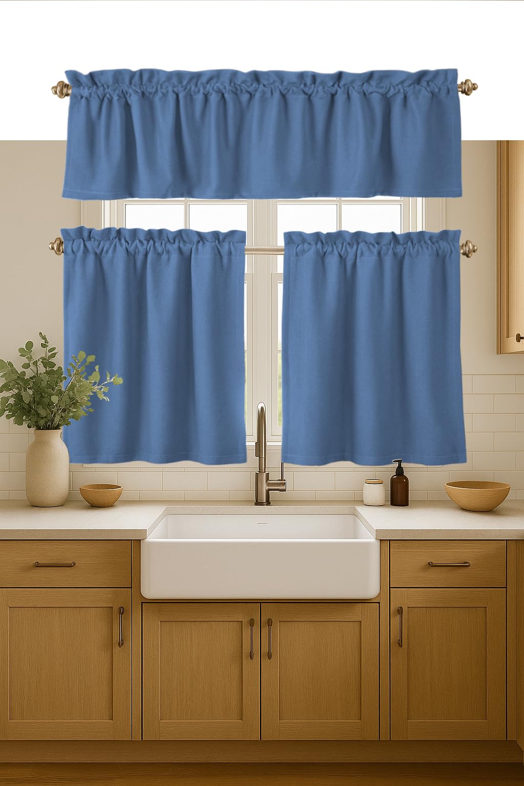 Native Fab 3 Piece Window Curtain Tiers 26"x36" and Valance 54"x18" Set - Rod Pocket - Semi Sheer - Short Curtain for Kitchen, Cafe, Living Room - Sky Blue