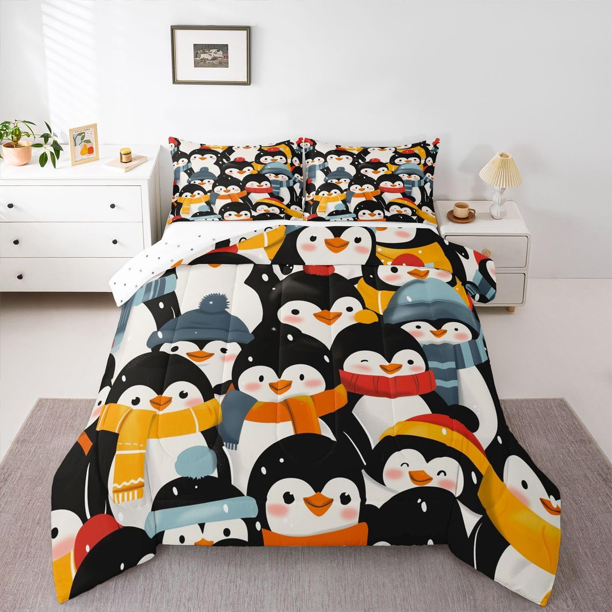 Erosebridal Kawaii Penguin Comforter Set Queen Antarctic Wild Animal Print Bedding Set Cartoon Penguins Comforter for Kids Boys Girls,Snowy Winter Decor Quilt Duvet
