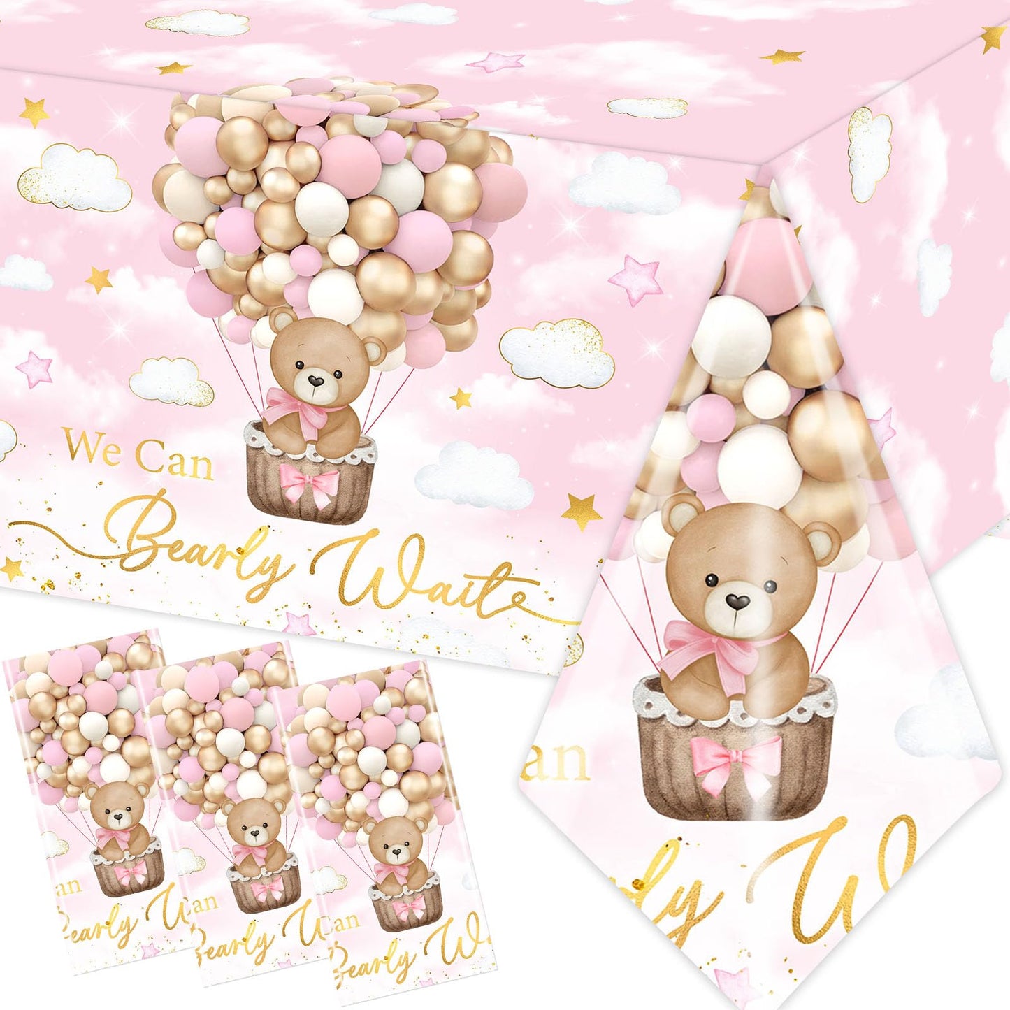 CMUSKO 3Pcs Pink Bear Baby Shower Tablecloth, We Can Barely Wait Baby Shower Decorations Teddy Bear Table Cover for Girls Bear Beraly Wait Party Supplies, 108x180cm