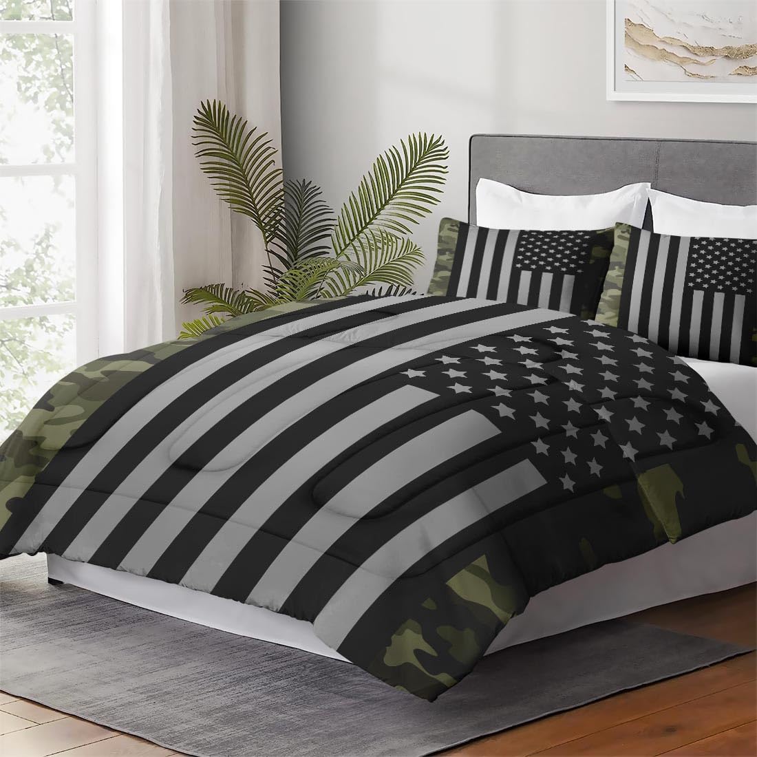 WeCozy Queen Size Comforter Set with 2 Pillowcases, Black Military Camouflage American Flag Soft 3 Pcs Bedding for Kids and Adults Bedroom Bed Decor