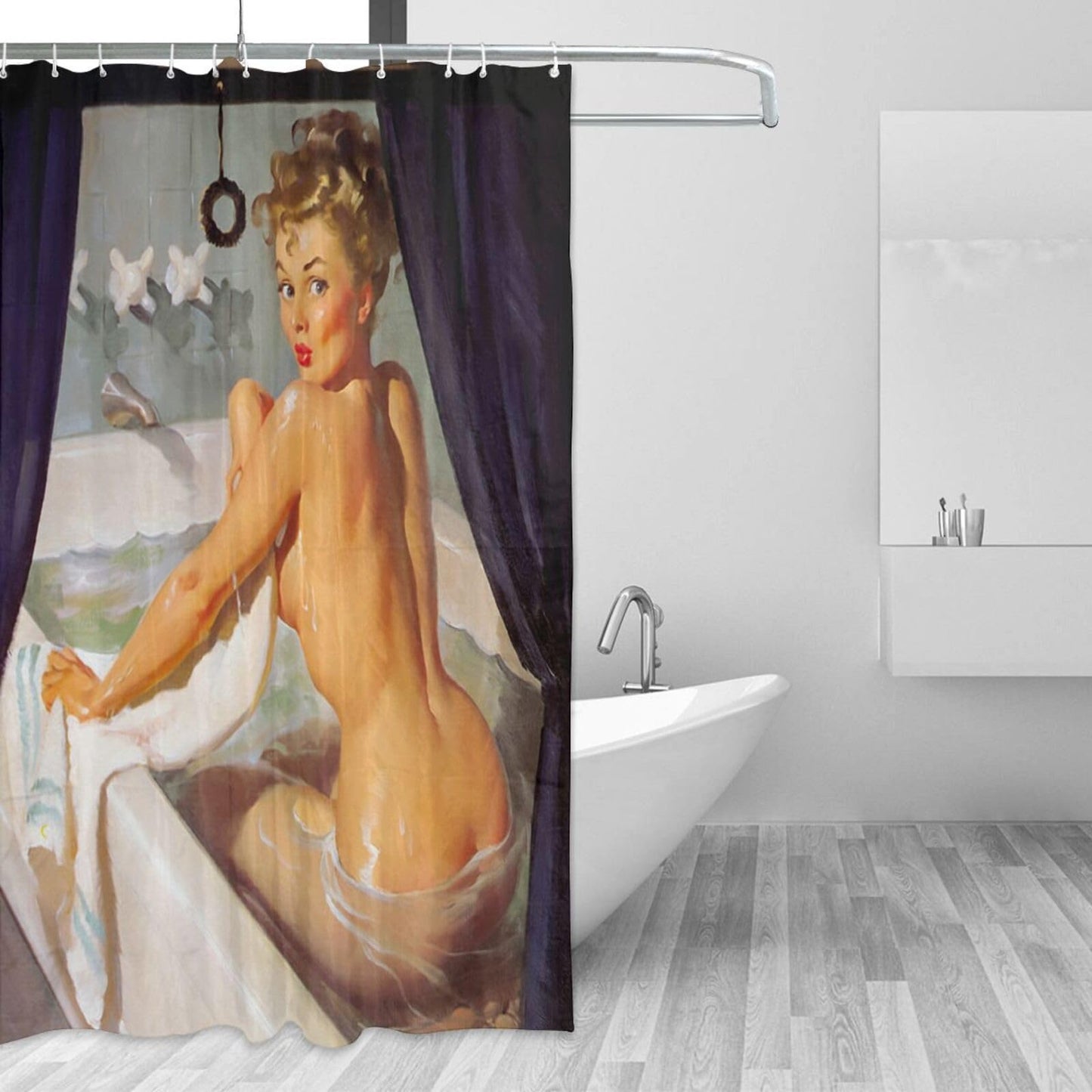FUNNY KIDS' HOME Retro Pin up Girl Shower Curtains for Bathroom Oil Painting Art Canvas Style Bathroom Decor Sexy Lady Bathing in The Bathtub Waterproof Polyester 72(w) x72(h)