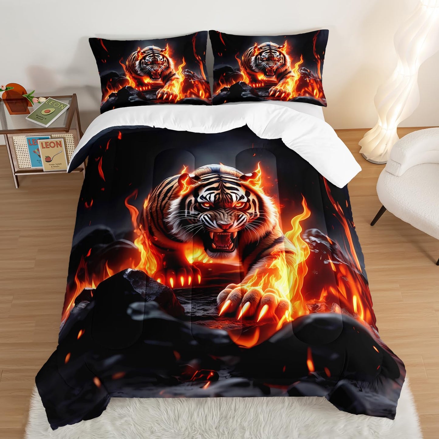 UEVBF Fierce Tiger Comforter Set Queen Size,Wild Animal Themed Bedding Sets for Kids Adults Boys Room Decor,with Flame Bed in a Bag Queen with 2 Pillowcases.