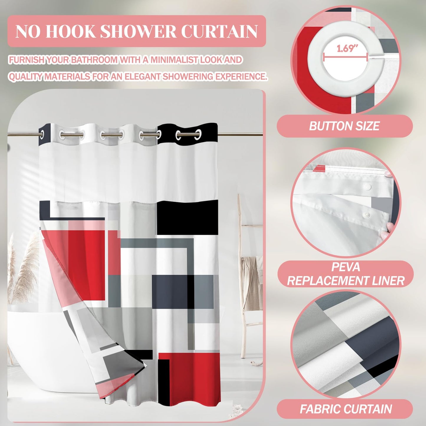 Red Hookless Shower Curtain Set with Snap in Liner, Red Black White Bathroom Decor, 71x74 Inches, Geometric Bathroom Curtain with Liner and See Through Top Window