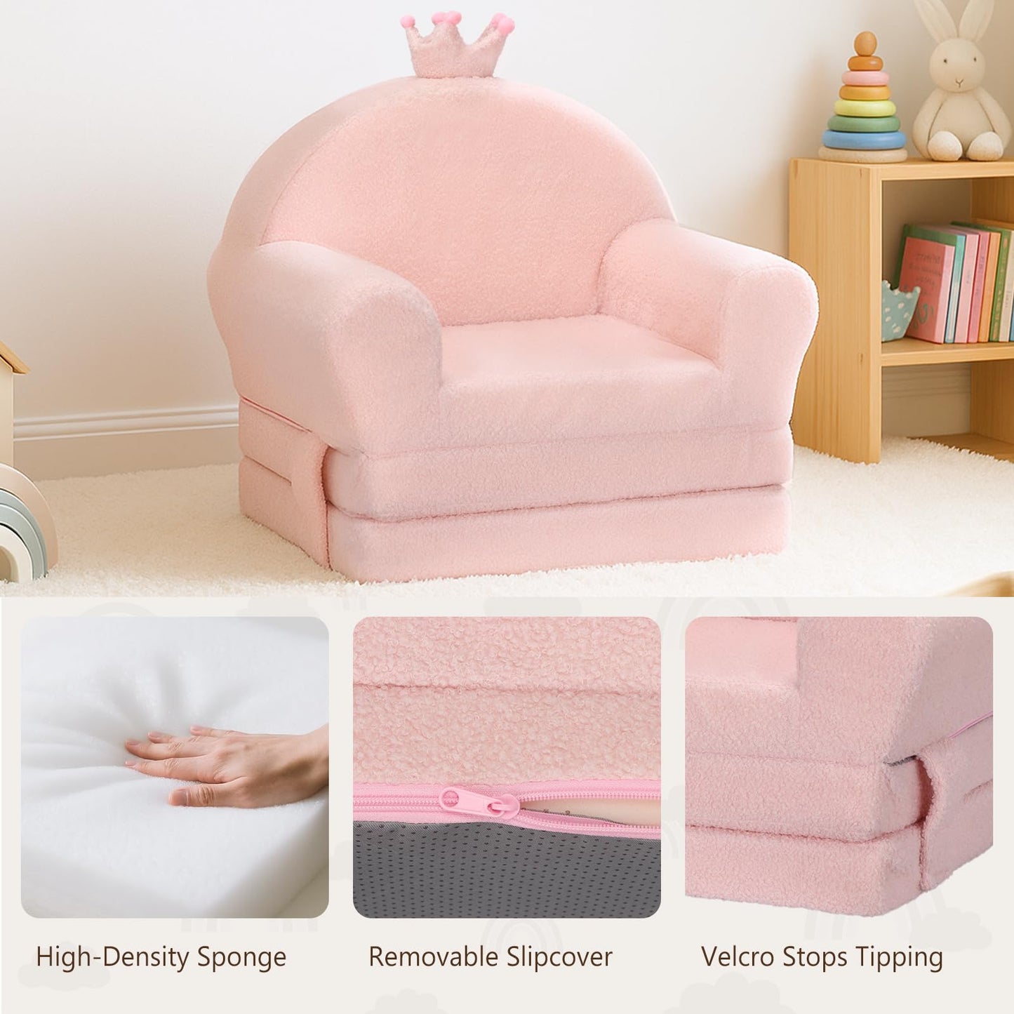 MONKISS Princess Toddler Chairs Comfy, 2-in-1 Fold Out Kids Sofa Bed, Cozy Toddler Couch, Baby Lounge Chair, Soft Mini Couch for Kids, 1-4 Years Old, SF05, Pink Crown