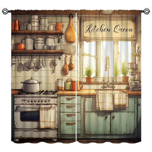 Rustic Farmhouse Kitchen Curtains Cartoon Funny Food Cooking Vegetables Fruits Country Vintage Pattern Window Drapes for Bedroom Living Room Kitchen Cafe （W20xL45 Inch） x2 Decor