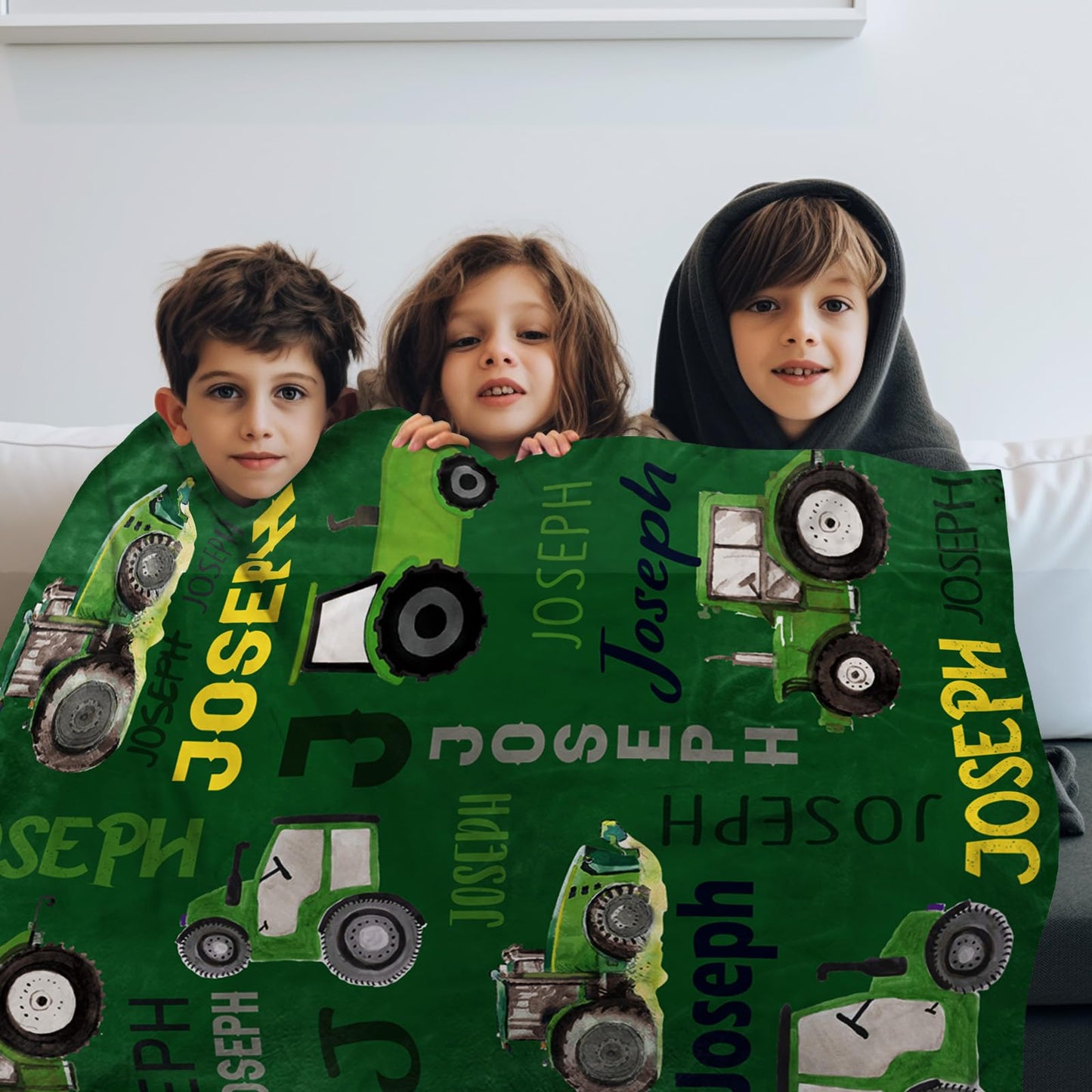 Personalized Tractors Blanket - Custom Name with Farm Tractor Trucks Design - Soft Plush Flannel Bed Blanket for Baby Kid Teen Boys Girls Customized Gifts Green