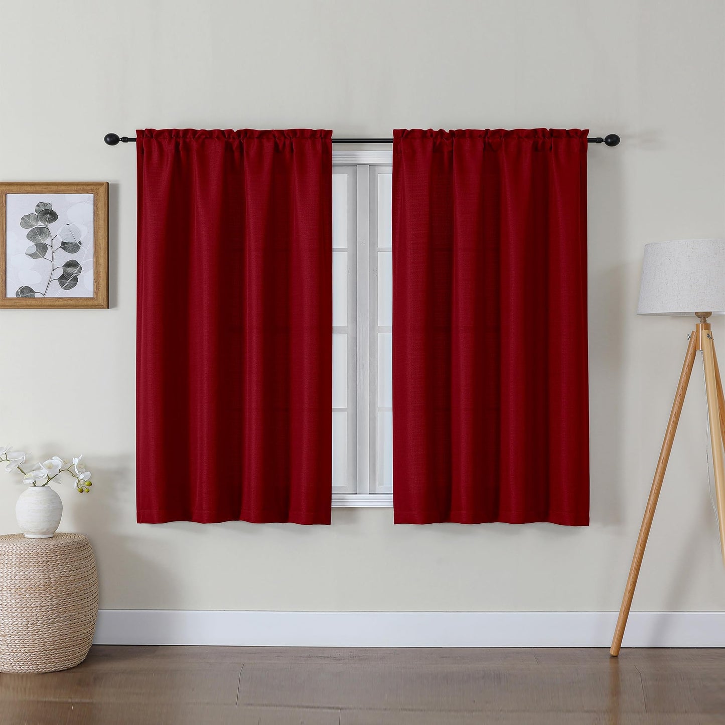Lecloud Bessie Red Curtains 45 Inch Length 2 Panels Set, Airy Faux Linen Textured Light-Filtering Christmas Soft Curtains, Rod Pocket Window Treatments for Bedroom Living Room, Each 30" W x 45" L