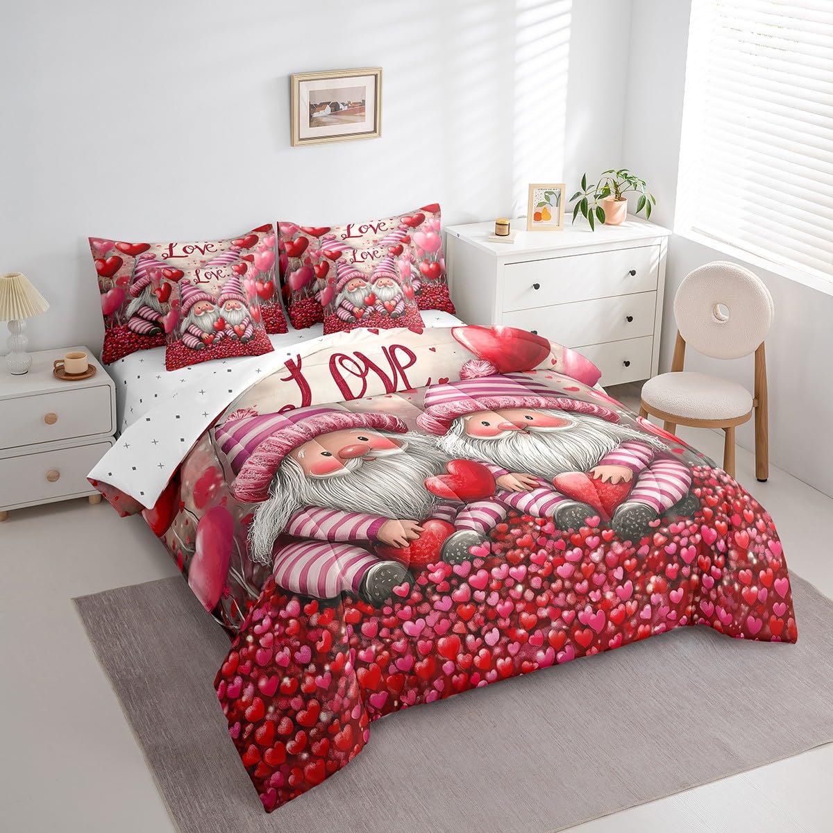 Erosebridal Valentines Day Gnomes Queen 7 Piece Bedding Set - Romantic Cute Gnome Comforter Set with Sheets for Kids Girls Boys, Coquette Love Heart Print Bed in a Bag with Fitted + Flat Sheet