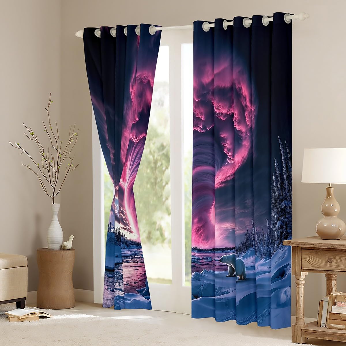 Erosebridal Pink Tornados Curtains 38" Wx45 L,Polar Bear Window Curtains Drapes for Kids Teens Adults,Natural Storm Room Decor