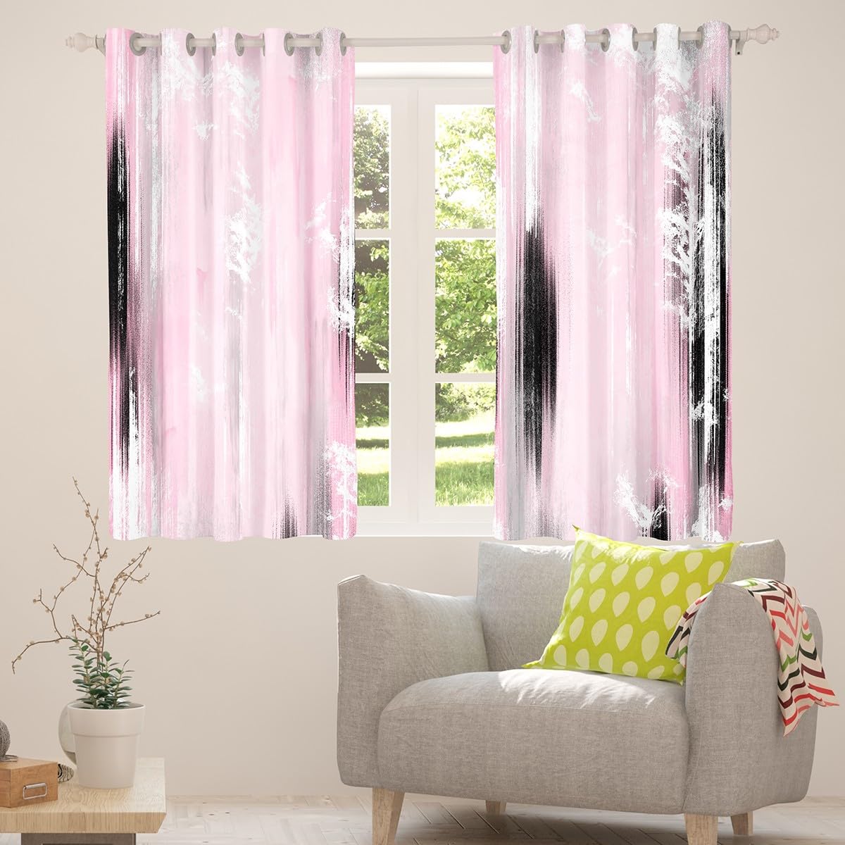 Feelyou Abstract Curtains for Bedroom Living Room Modern Abstract Art Blackout Darkening Drapes Pink Gray White Window Treatments, 2 Panels 38 x 45 Inch Luxury Room Decor