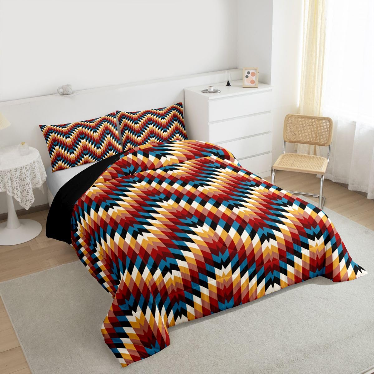 jejeloiu Southwestern Native Aztec Comforter Set All Season Bohemian Bedding Set with 2 Pillow Cases Brown Blue Microfiber Kids Queen Bedclothes Tribal Geometric Bedroom Decor Duvet Quilt Breathable