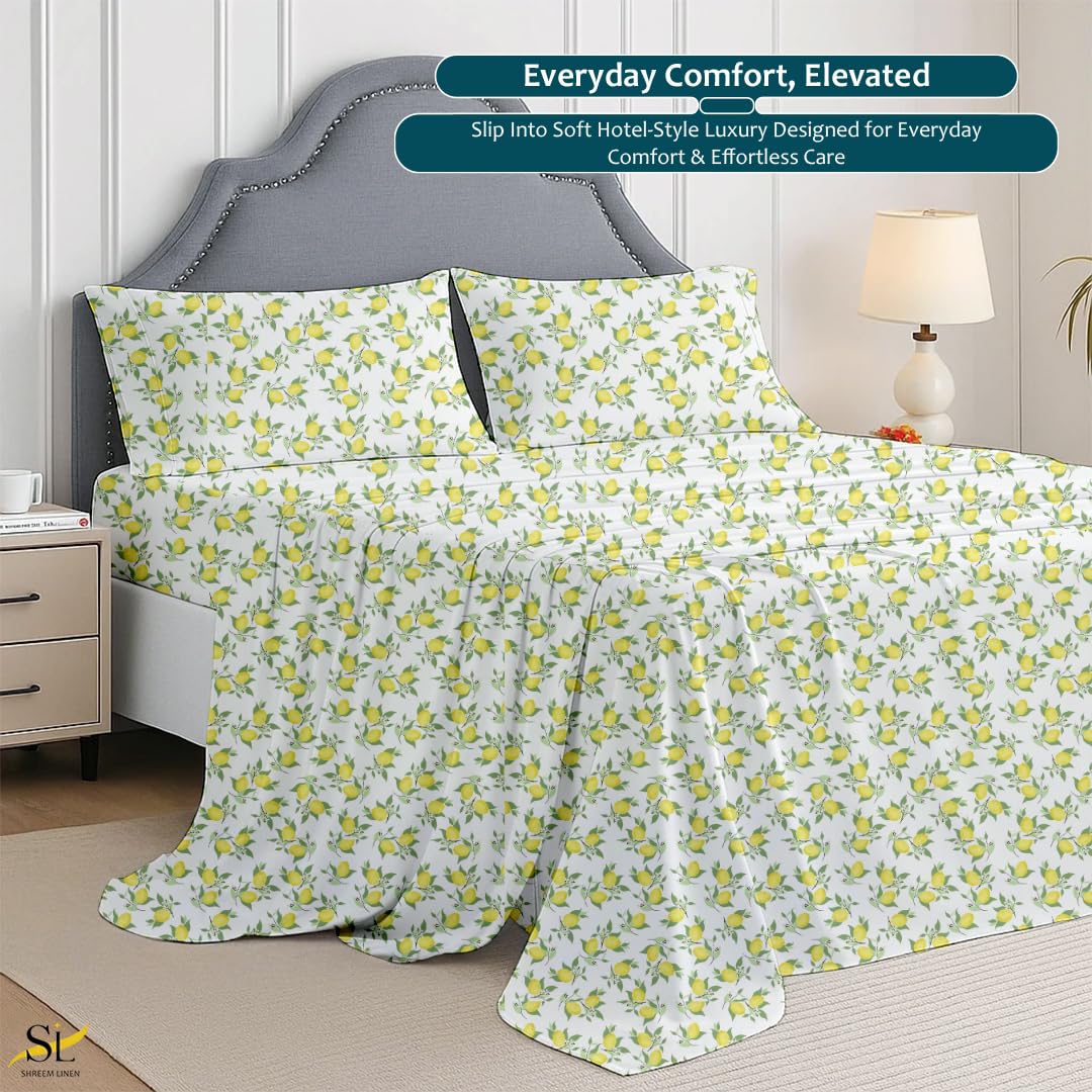 Shreem Linen Queen Sheet Set 4 Piece Bedding, Brushed Microfiber Soft Sheets for Queen Size Bed with Flat, Fitted Sheet, 2 Pillow Cases (LemonPop)