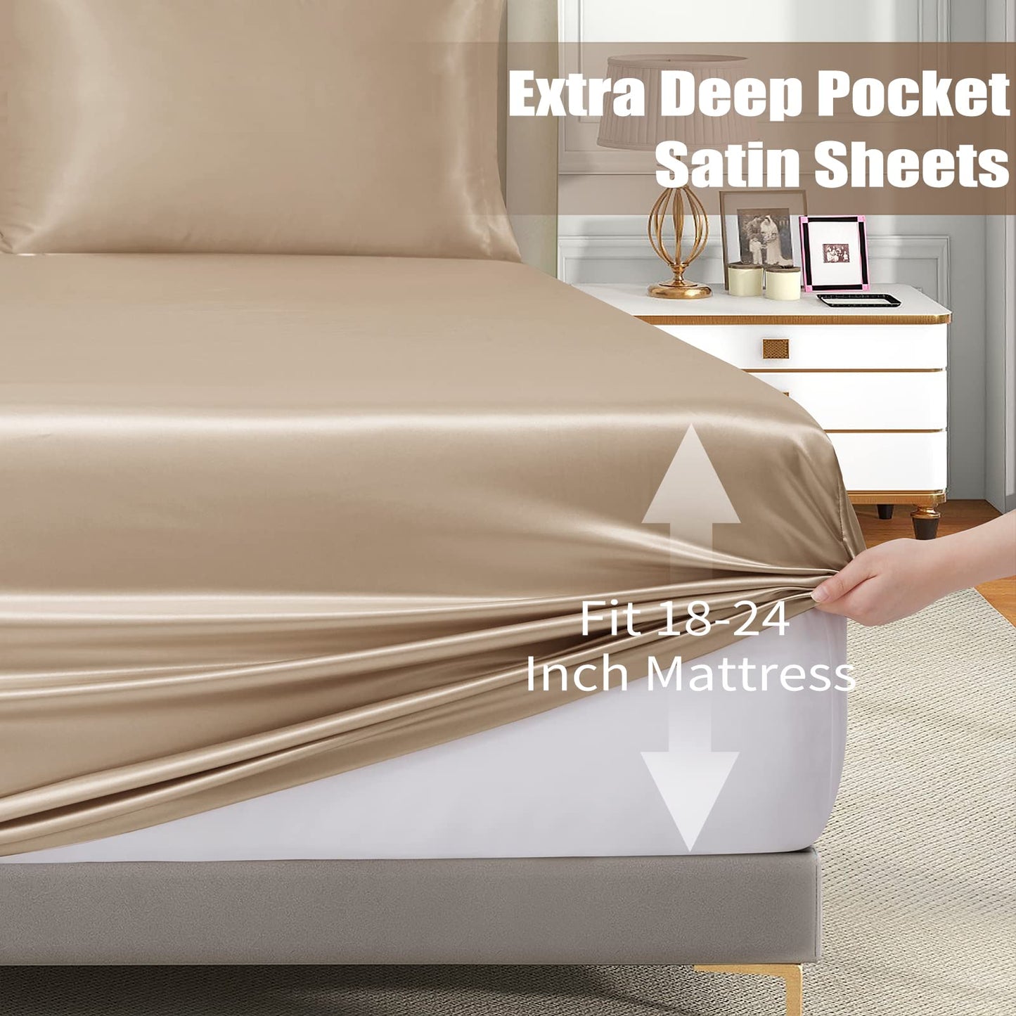 VACVELT 3pcs Extra Deep Pocket Satin Fitted Sheet Set Queen Bed Set, Beige Bottom Sheet Fit 18-24 Inch Deep Pocket Mattress, Silky Bedding Set Soft & Ultra Deep Fitted Sheet & 2 Pillowcase