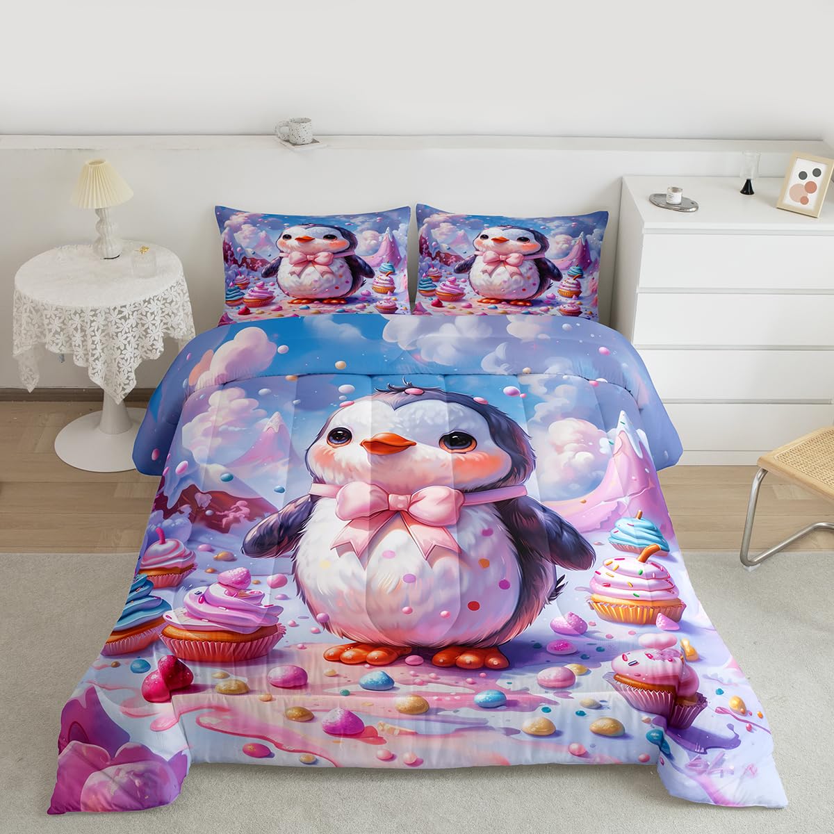 Erosebridal Cute Penguin Comforter Set Queen Kawaii Penguin Bedding Set Antarctica Animals Wildlife Print Comforter for Kids Boys Girls,Colorful Desserts Quilt Duvet