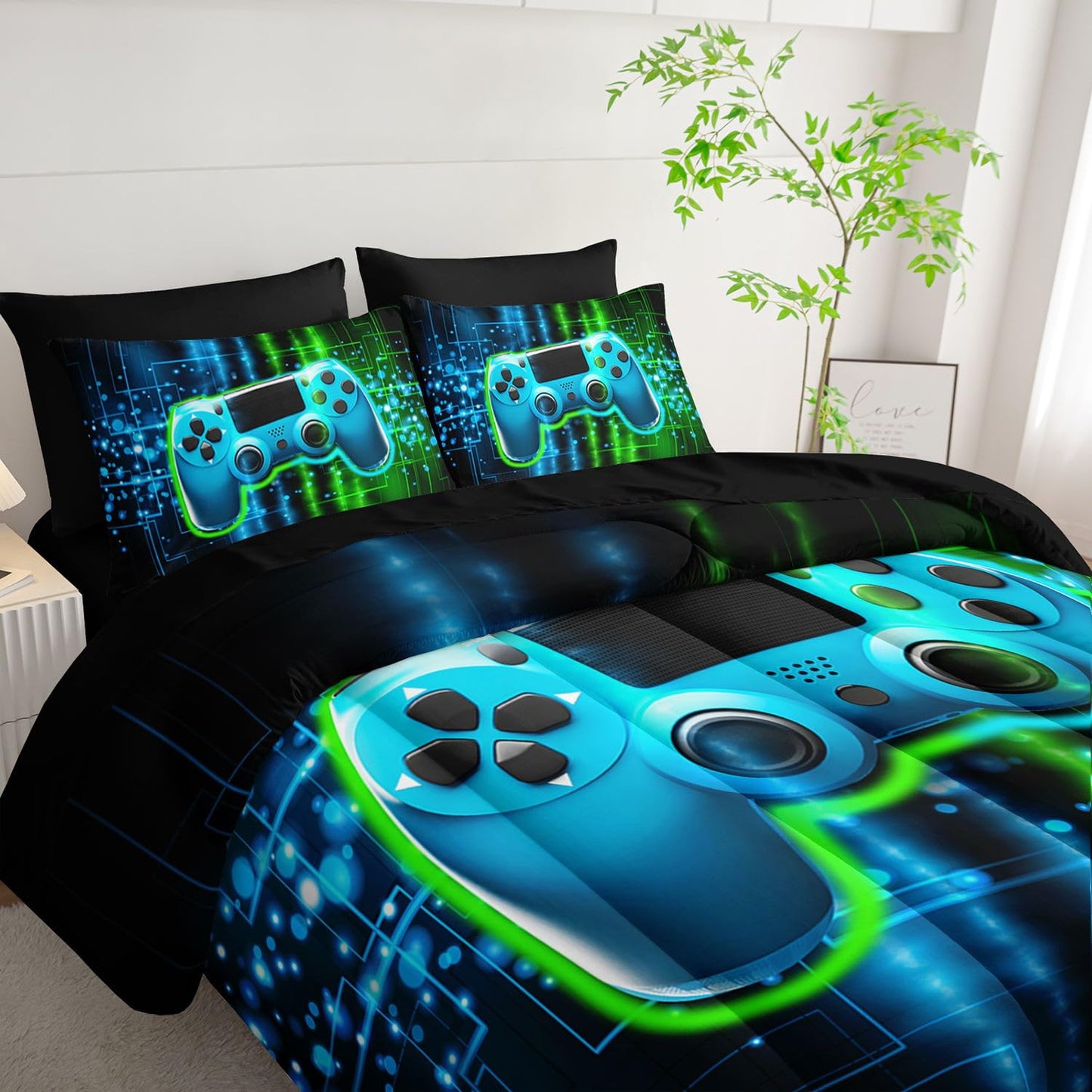 Smell Sunshine 7Pcs Gamer Comforter Set 3D Gamepad Printed Bedding Set with 1 Comforter, 1 Flat Sheet, 1 Fitted Sheet and 4 Pillowcases for Boys and Girls Bedroom (Gamepad Twin
